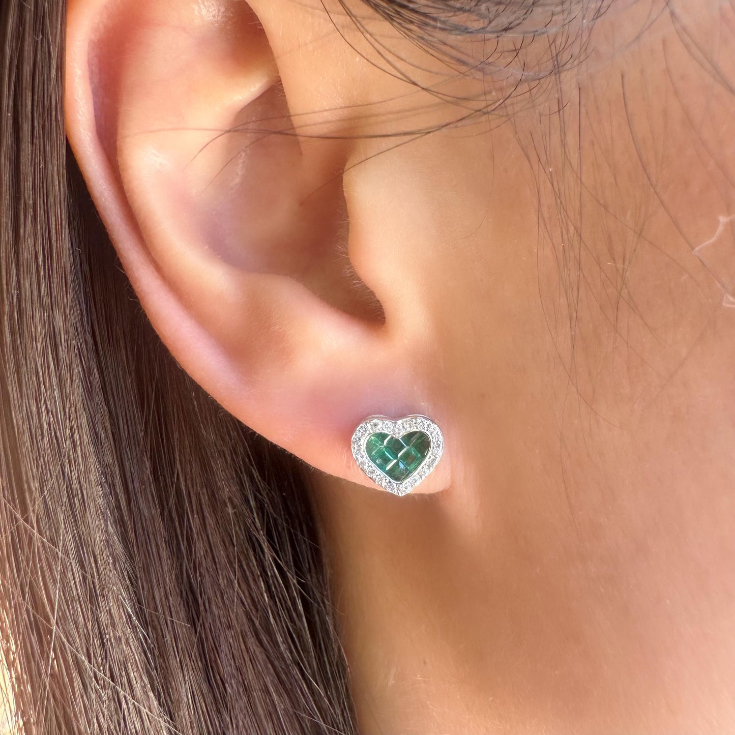 14K Solid Gold Genuine Emerald and Diamond Heart Studs/Pair