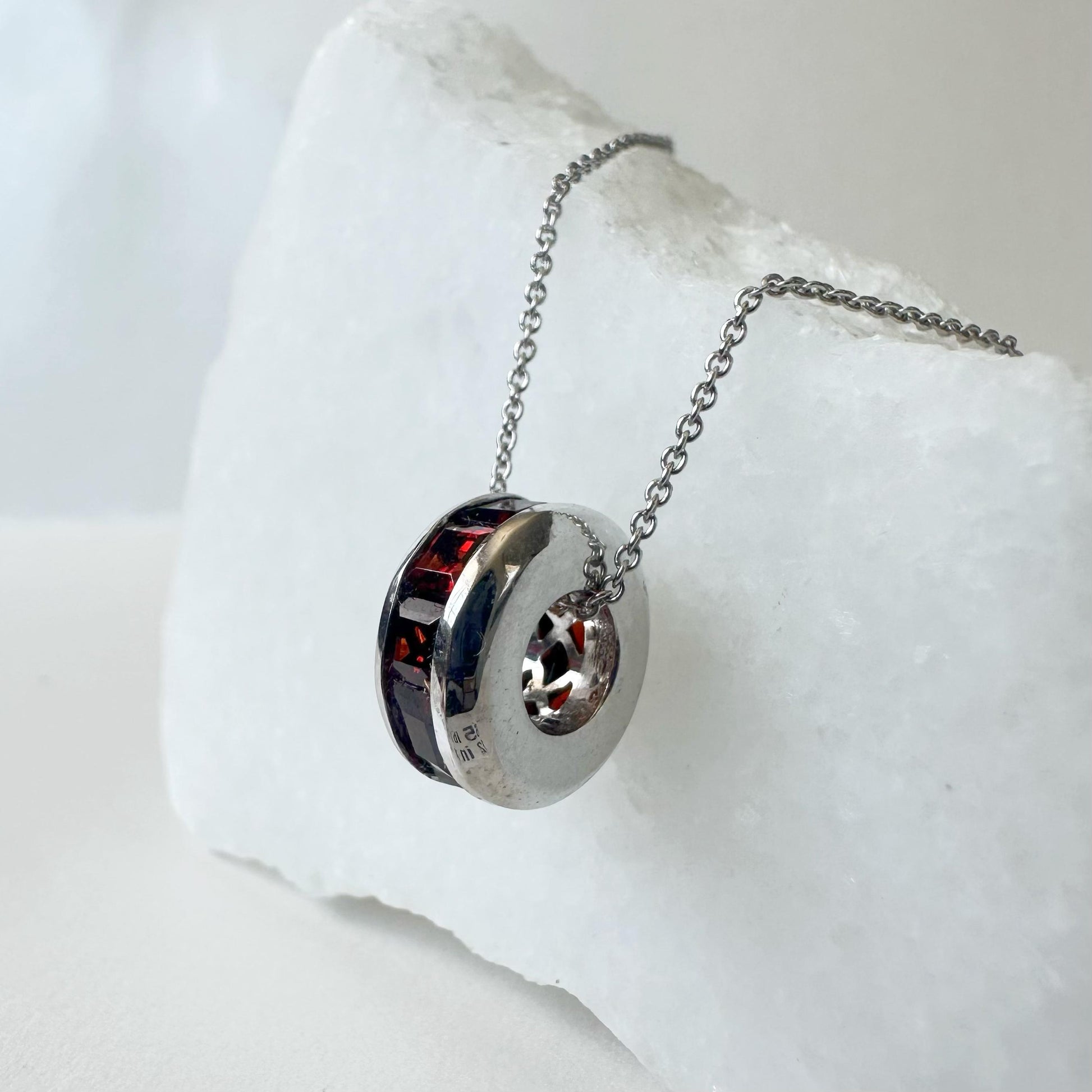 14K Solid White Gold Genuine Garnet Barrel Pendant