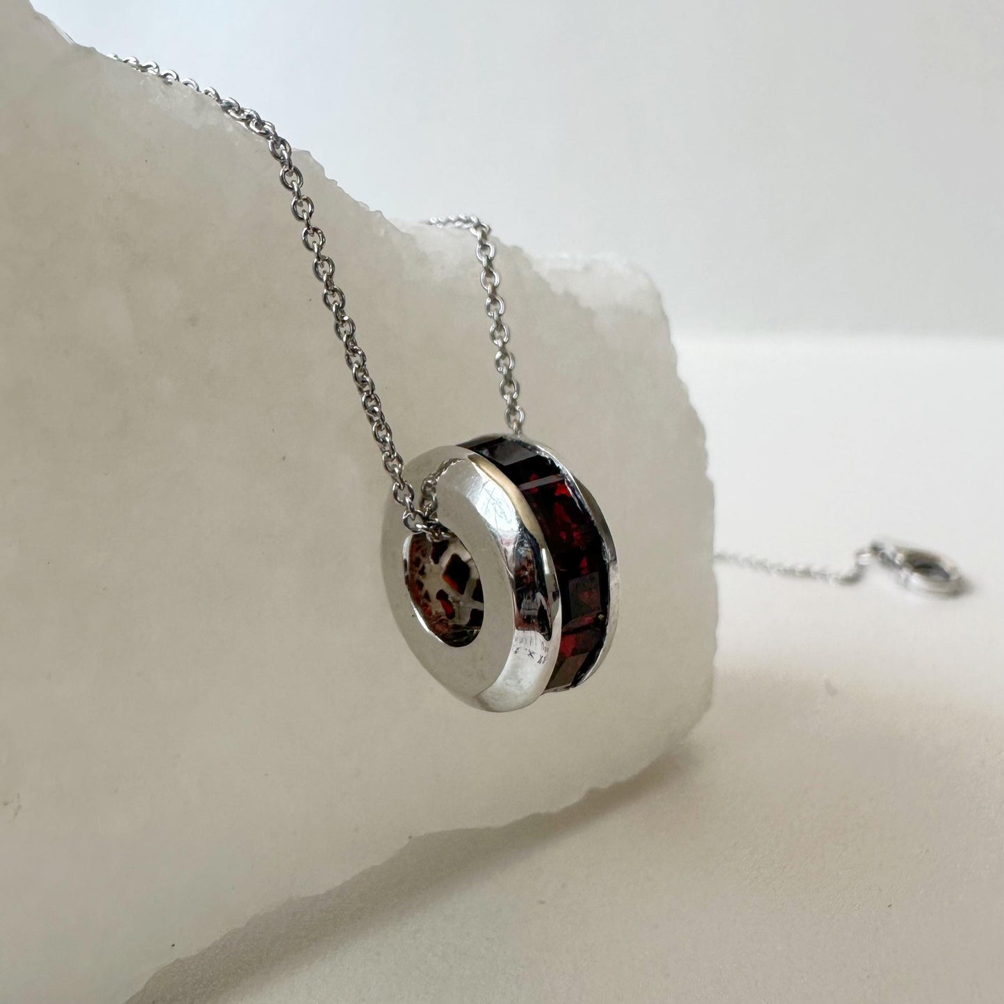 14K Solid White Gold Genuine Garnet Barrel Pendant