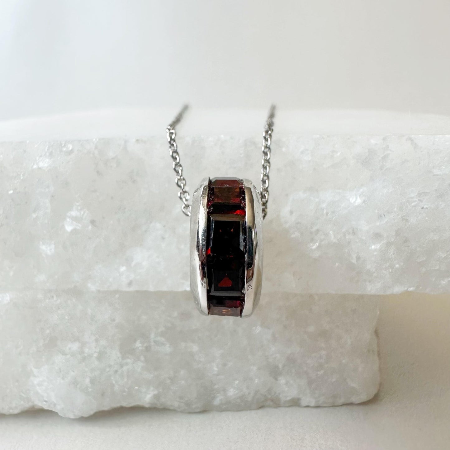 14K Solid White Gold Genuine Garnet Barrel Pendant