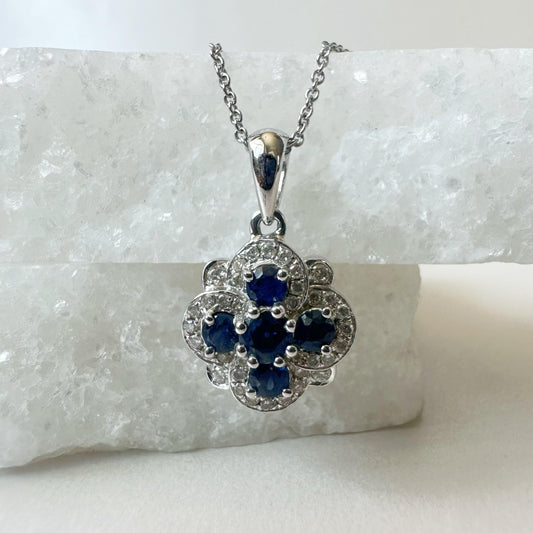 14K Solid White Gold Genuine Sapphire and Diamond Pendant