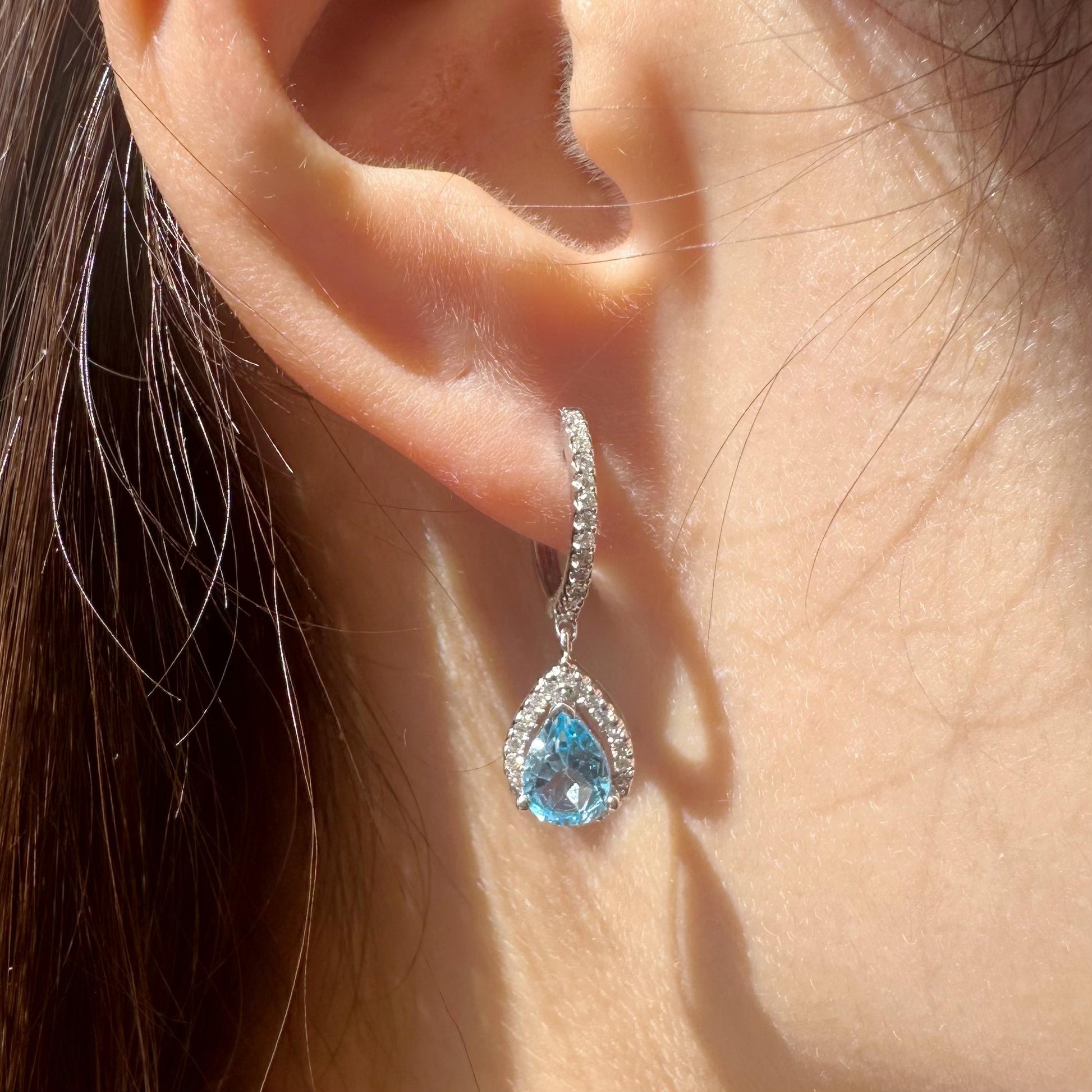 14K Solid White Gold Genuine Diamond and Blue Topaz Teardrop Dangle Earrings/Pair
