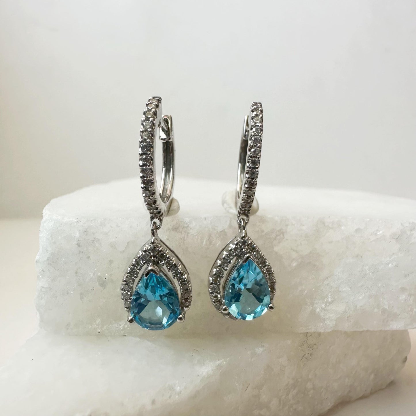 14K Solid White Gold Genuine Diamond and Blue Topaz Teardrop Dangle Earrings/Pair