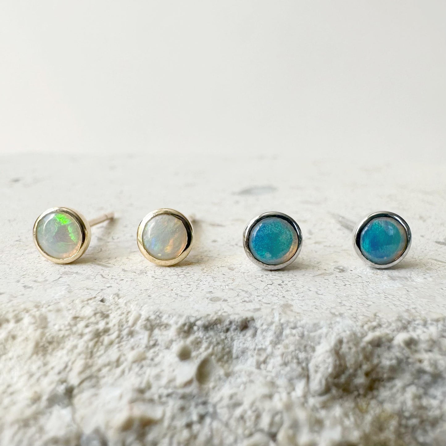 14K Solid Gold Genuine Bezel Opal Round Studs/Pair