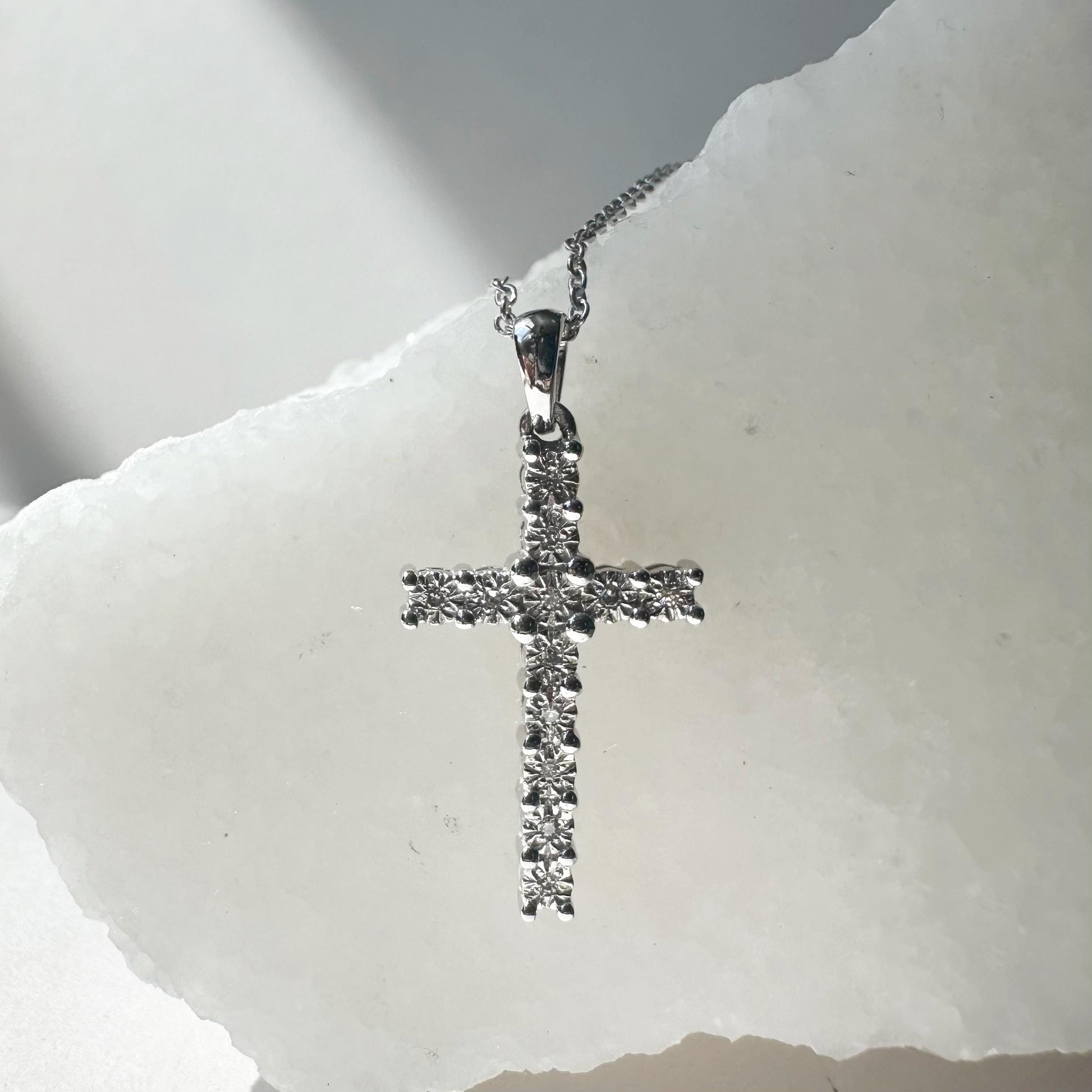 14K Solid White Gold Diamond Cross Pendant