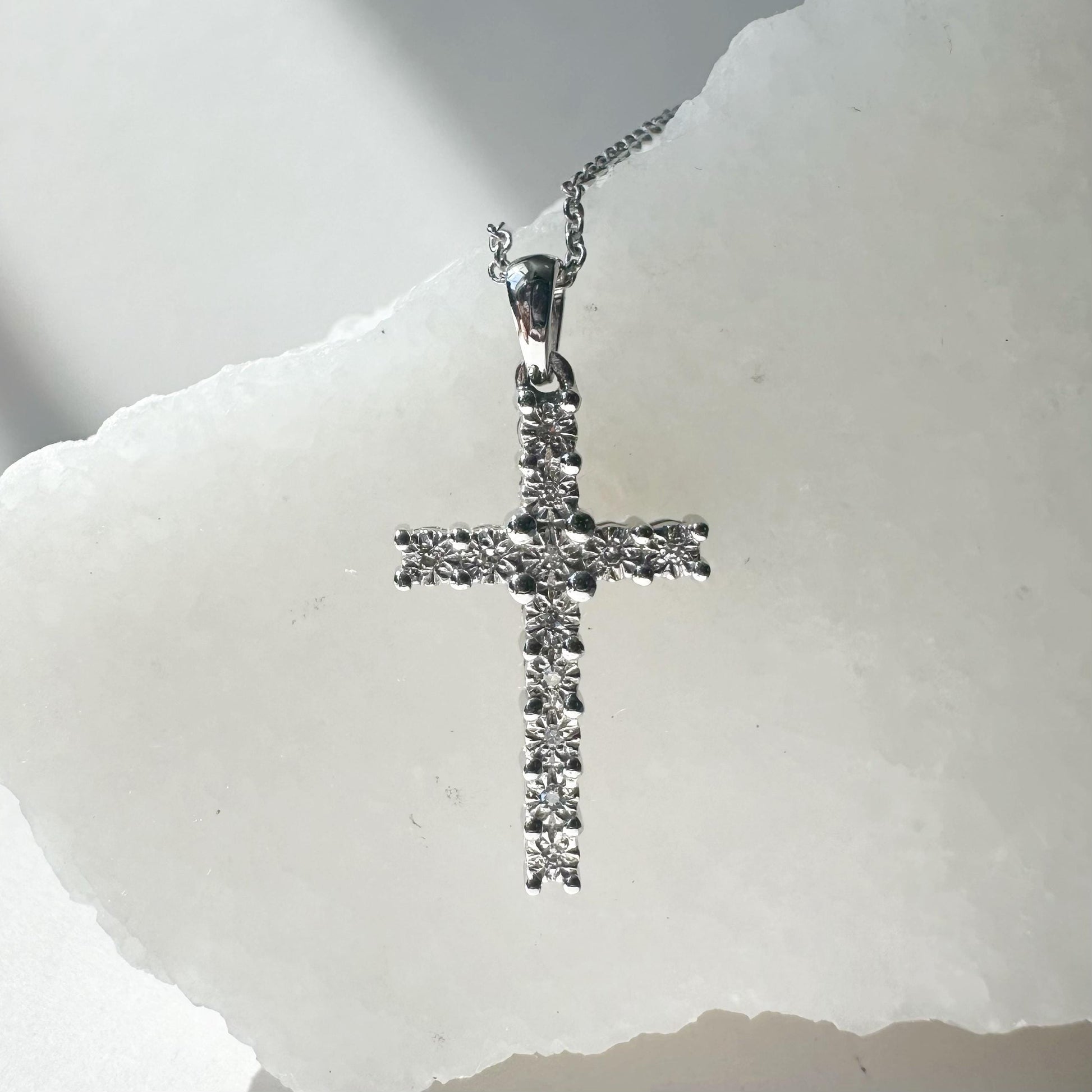 14K Solid White Gold Diamond Cross Pendant