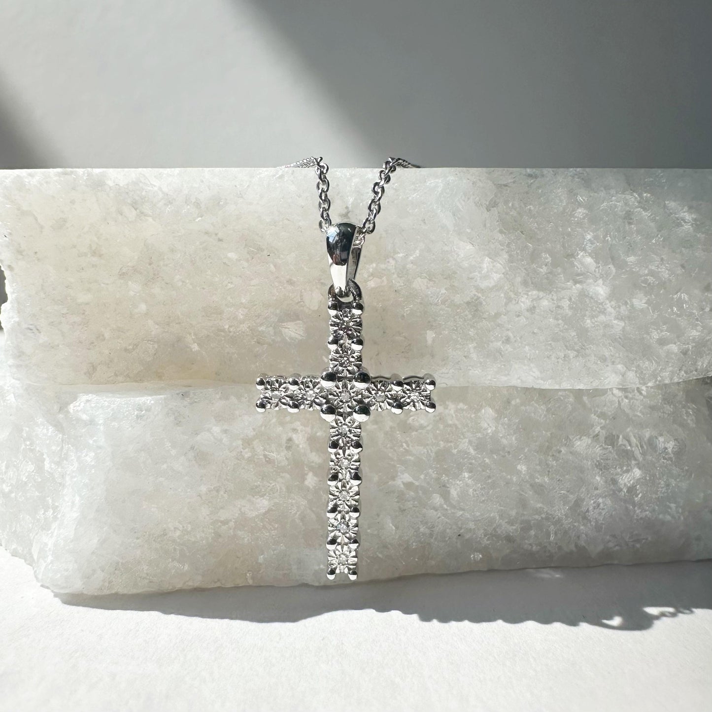 14K Solid White Gold Diamond Cross Pendant