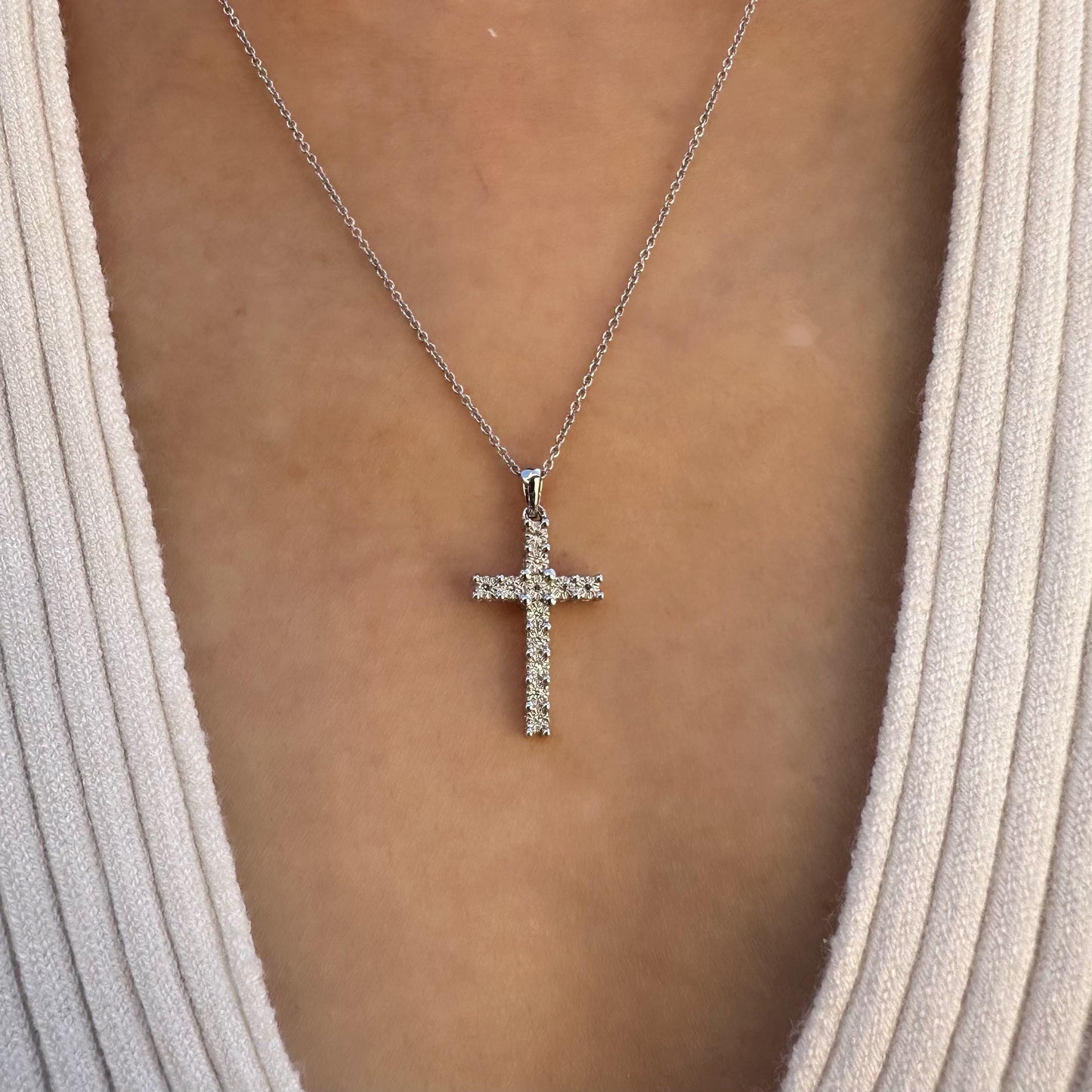 14K Solid White Gold Diamond Cross Pendant