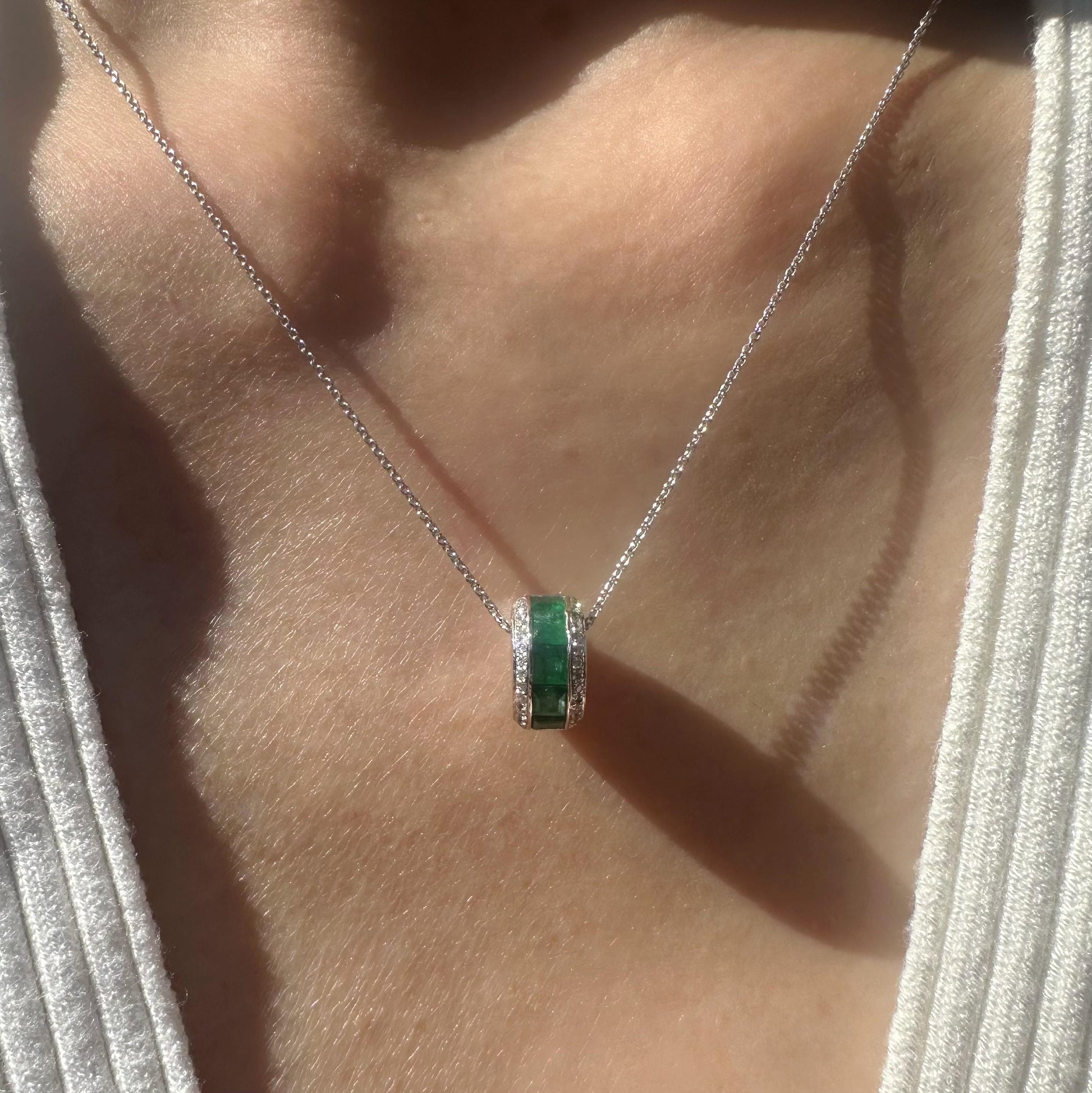 14K Solid White Gold Genuine Emerald and Diamond Barrel Pendant