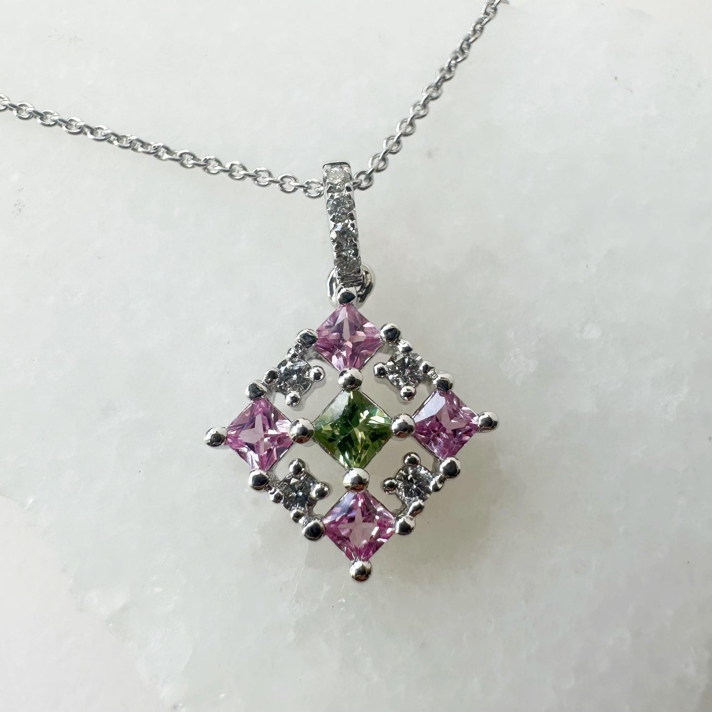 14K Solid Gold Genuine Pink Sapphire, Ruby and Diamond Pendant