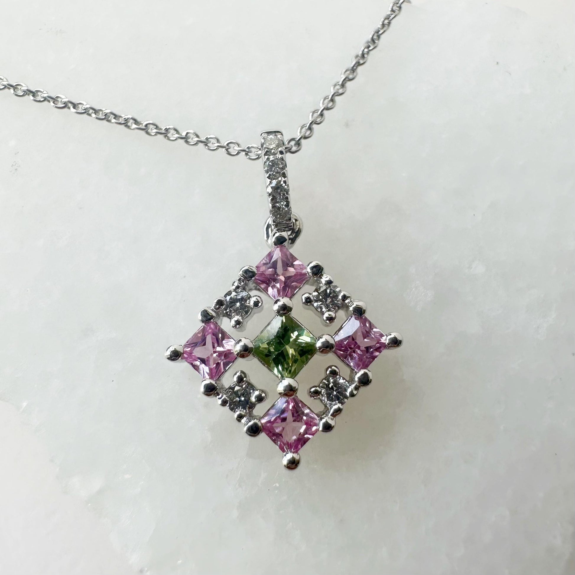 14K Solid Gold Genuine Pink Sapphire, Ruby and Diamond Pendant