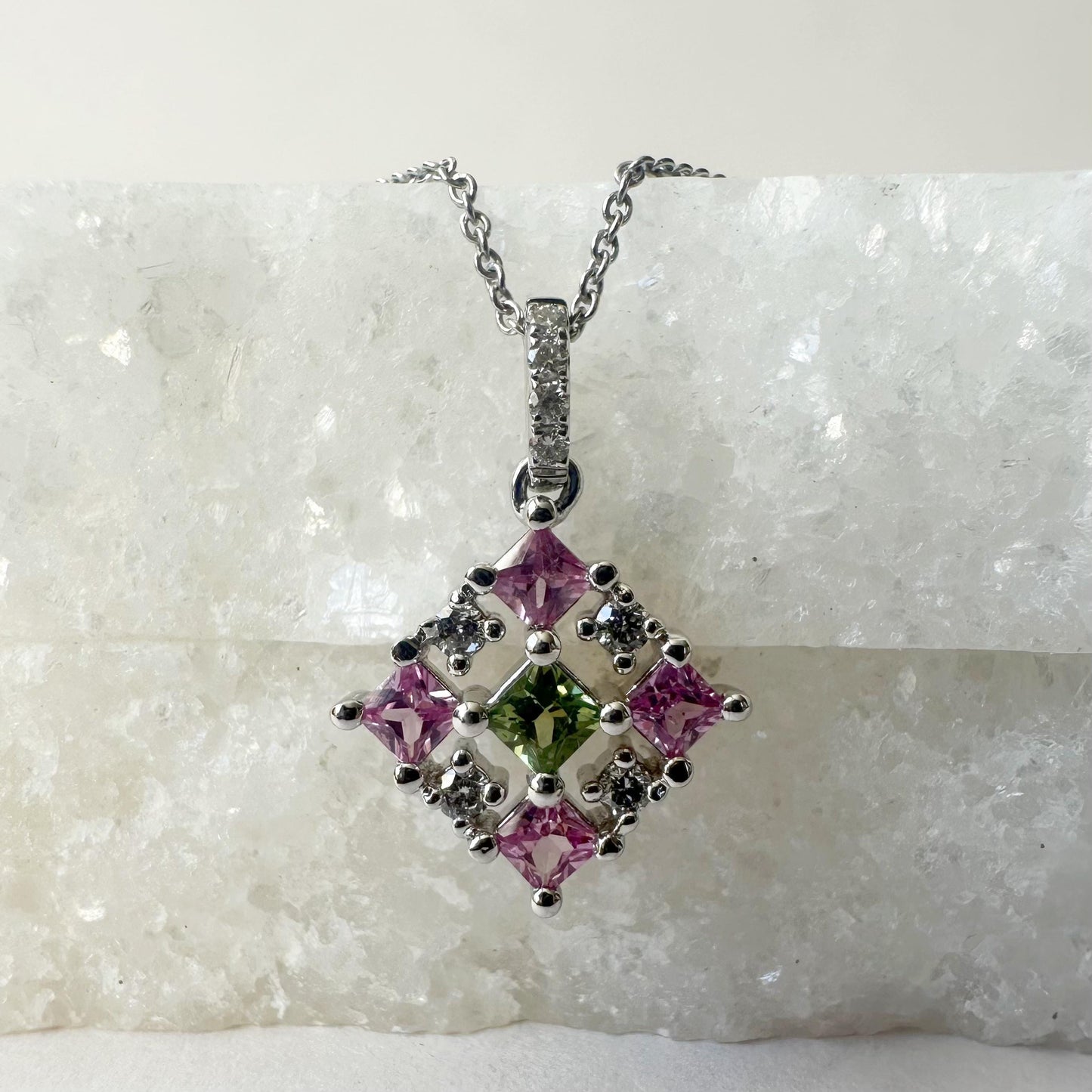 14K Solid Gold Genuine Pink Sapphire, Green Sapphire and Diamond Pendant