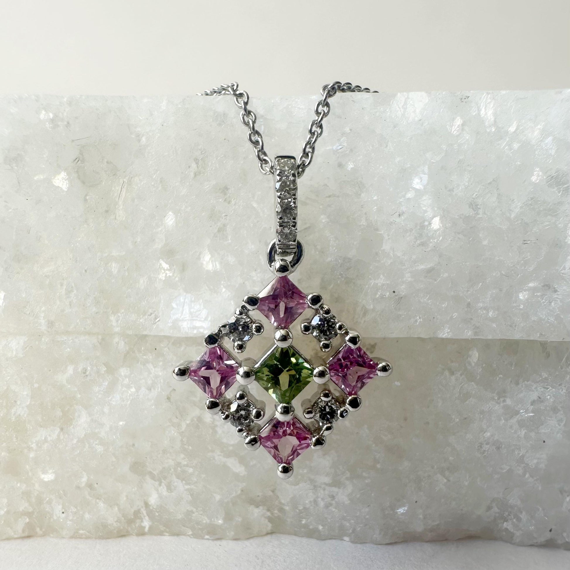 14K Solid Gold Genuine Pink Sapphire, Green Sapphire and Diamond Pendant