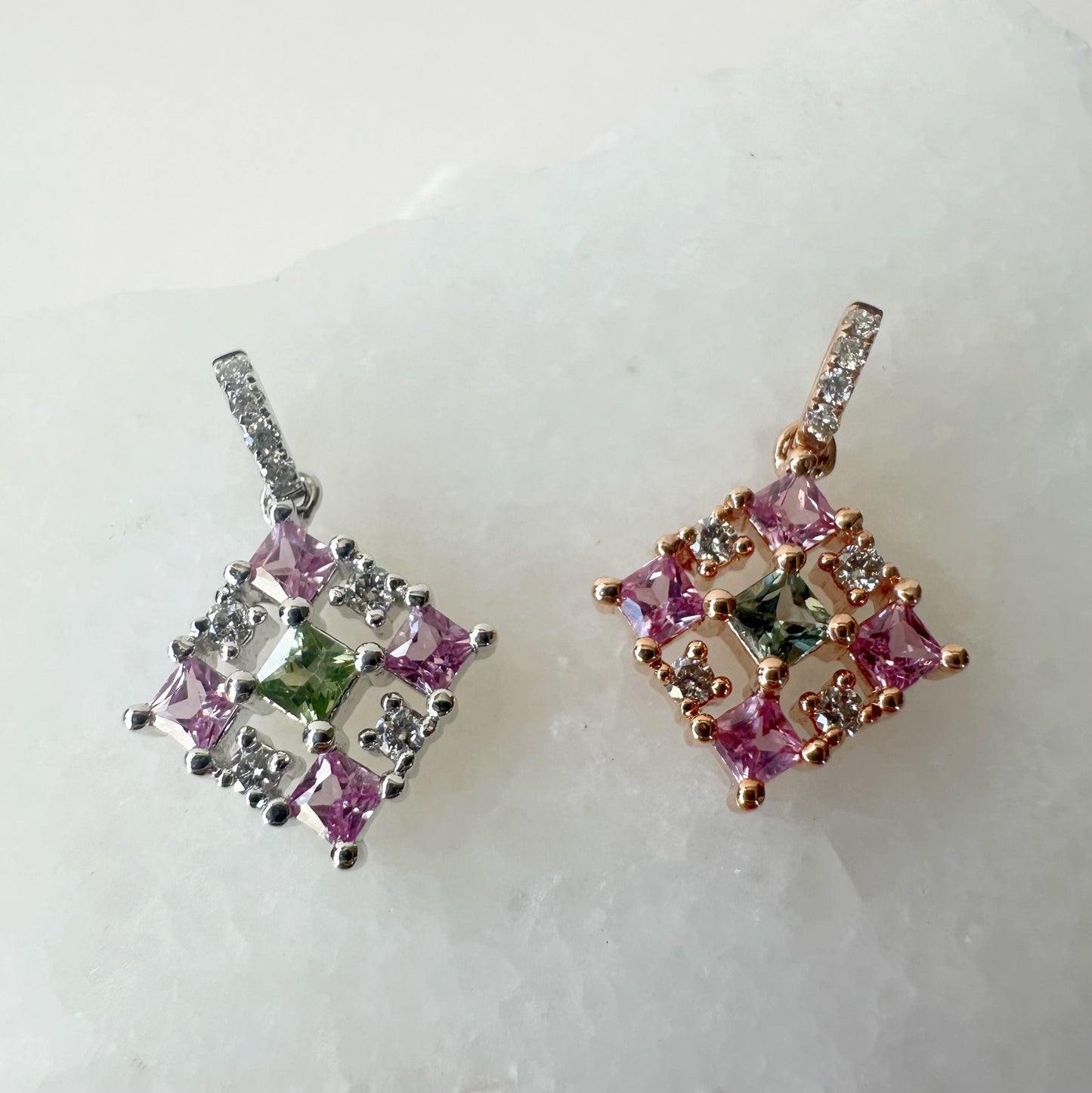 14K Solid Gold Genuine Pink Sapphire, Green Sapphire and Diamond Pendant