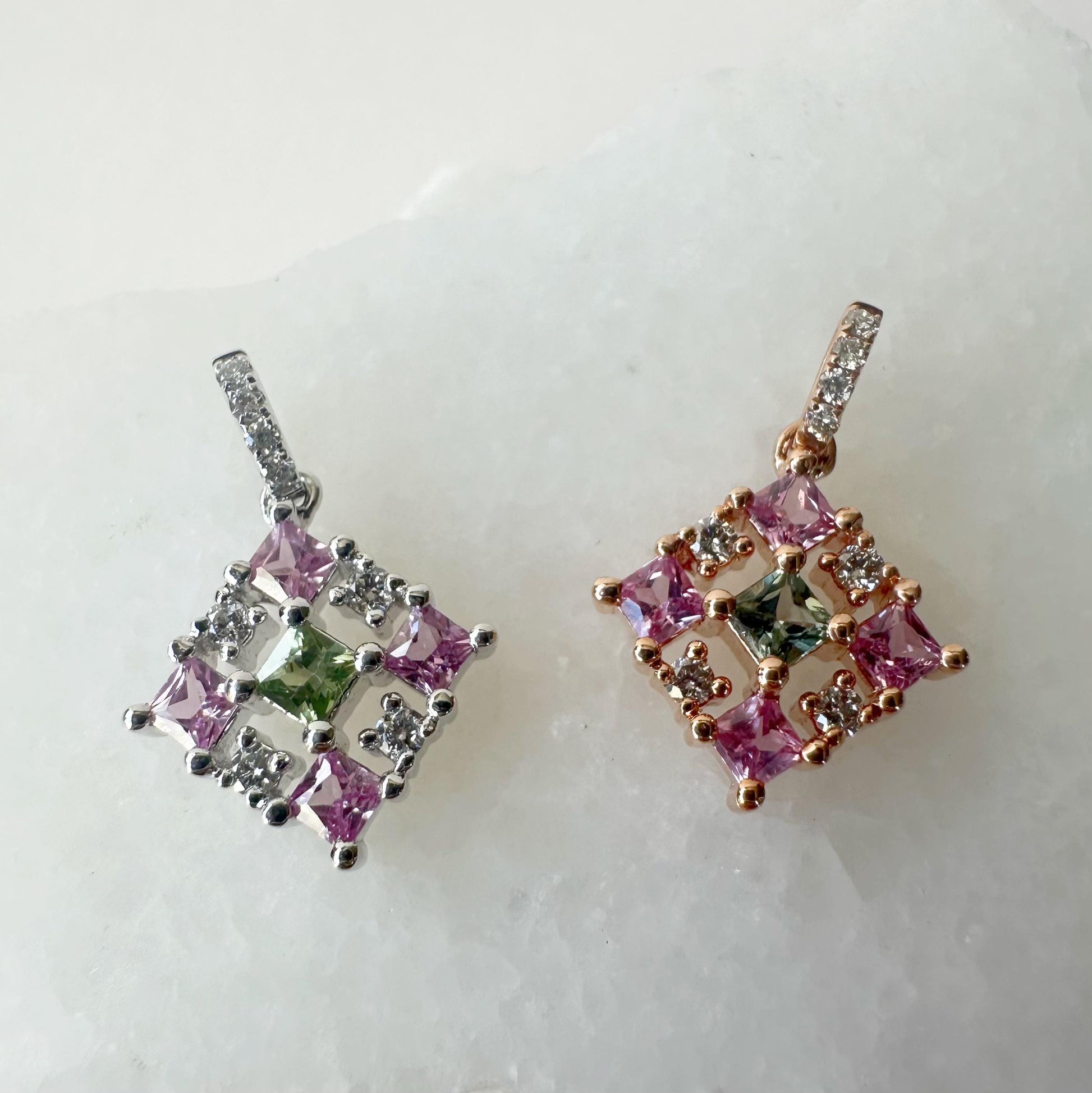 14K Solid Gold Genuine Pink Sapphire, Green Sapphire and Diamond Pendant