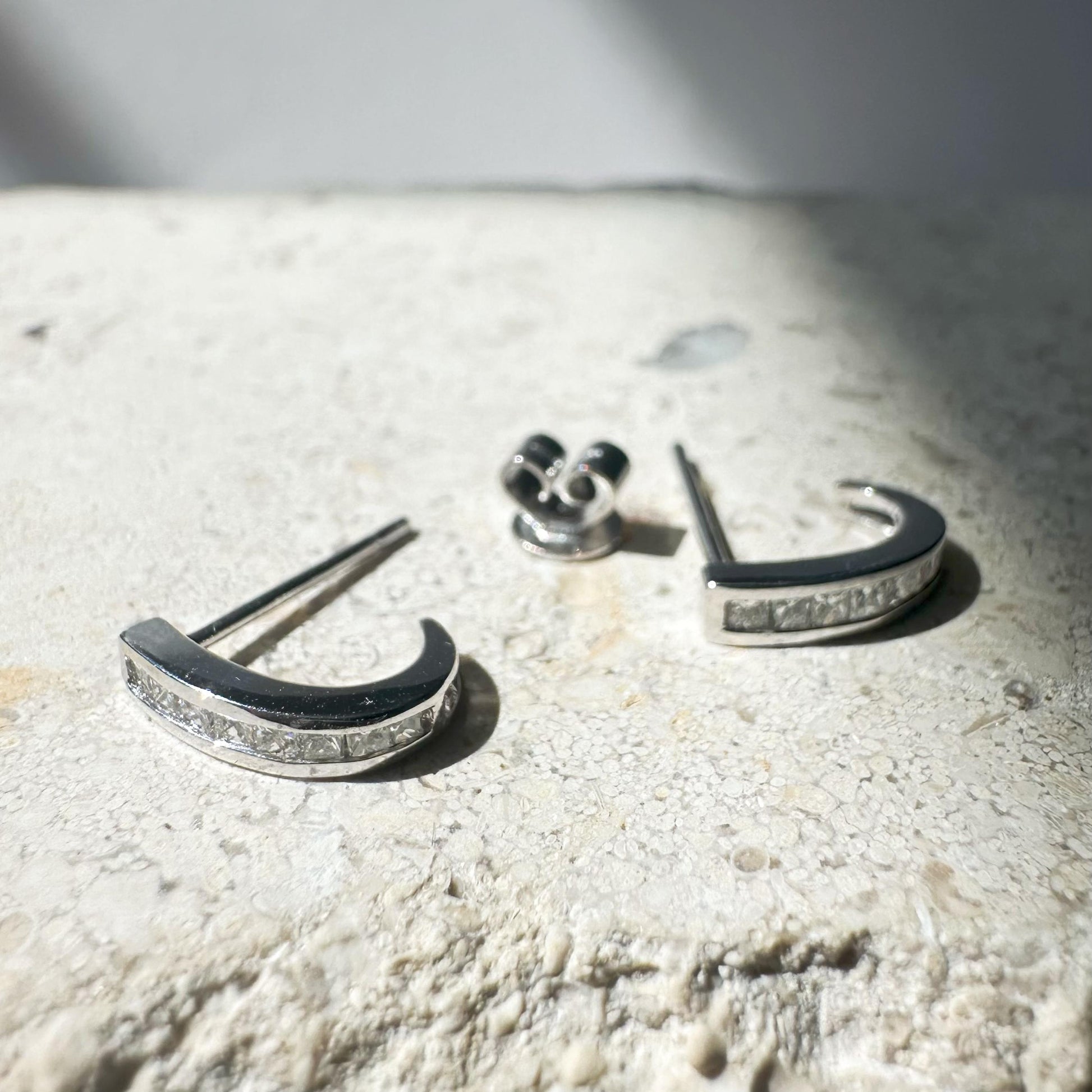 14K Solid White Gold Diamond Hoop Stud Earrings | Natural Diamond Half Hoop Earrings | Dainty Everyday Diamond Earrings | Gift for Her