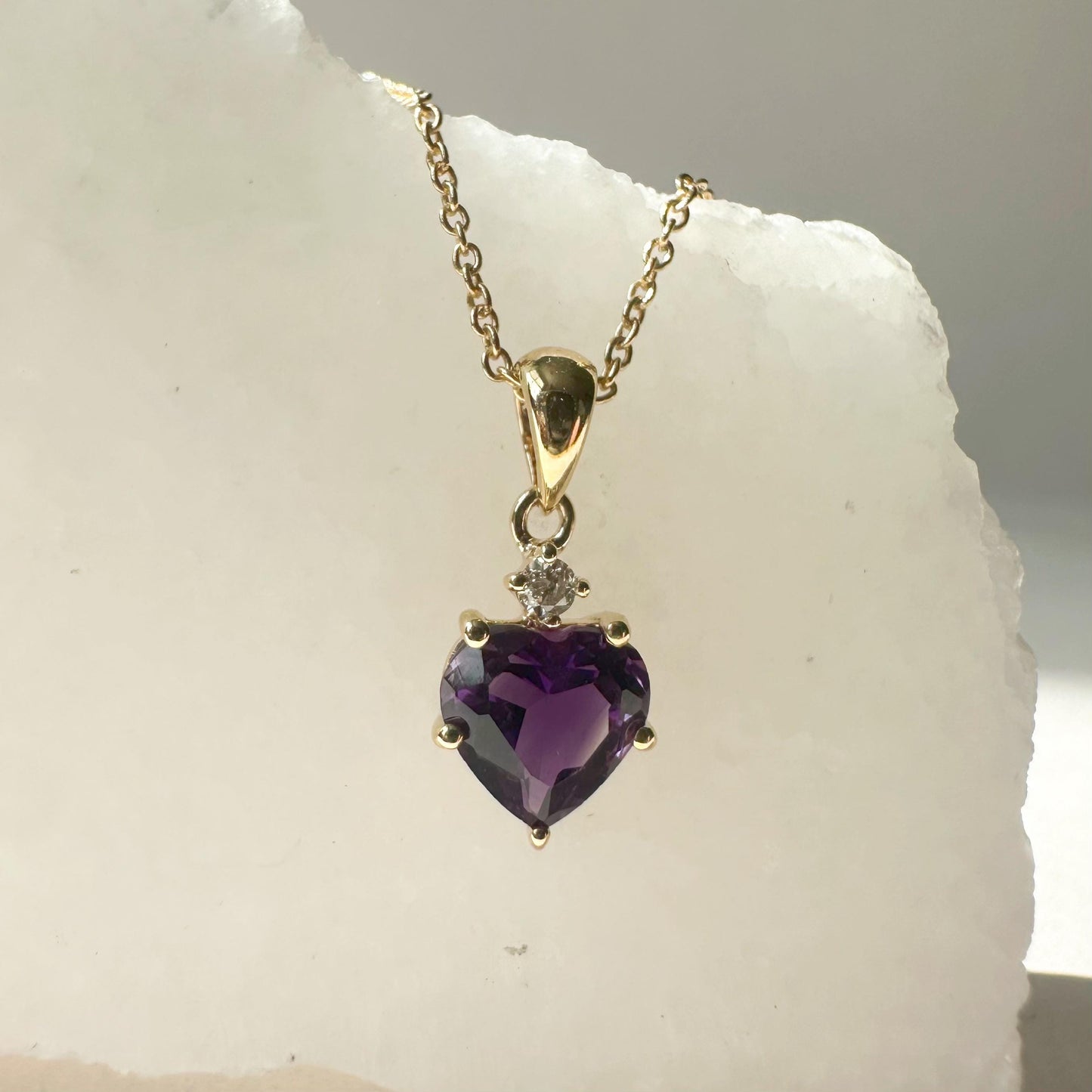 14K Solid Gold Heart Shaped Genuine 5 Prong Amethyst and Diamond Pendant