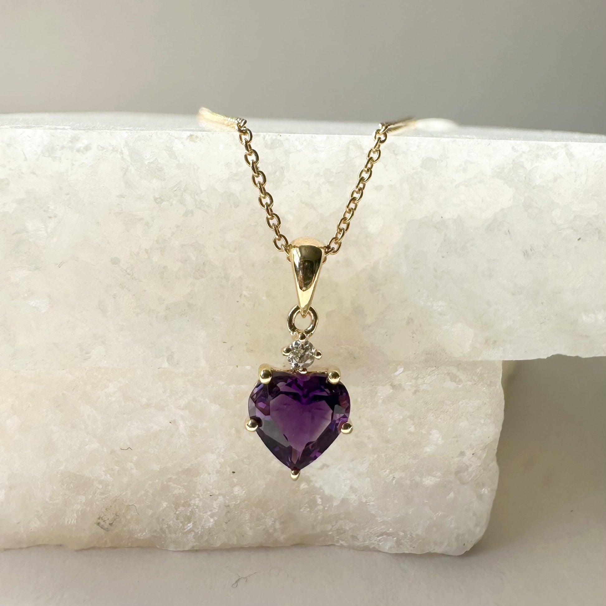 14K Solid Gold Heart Shaped Genuine 5 Prong Amethyst and Diamond Pendant