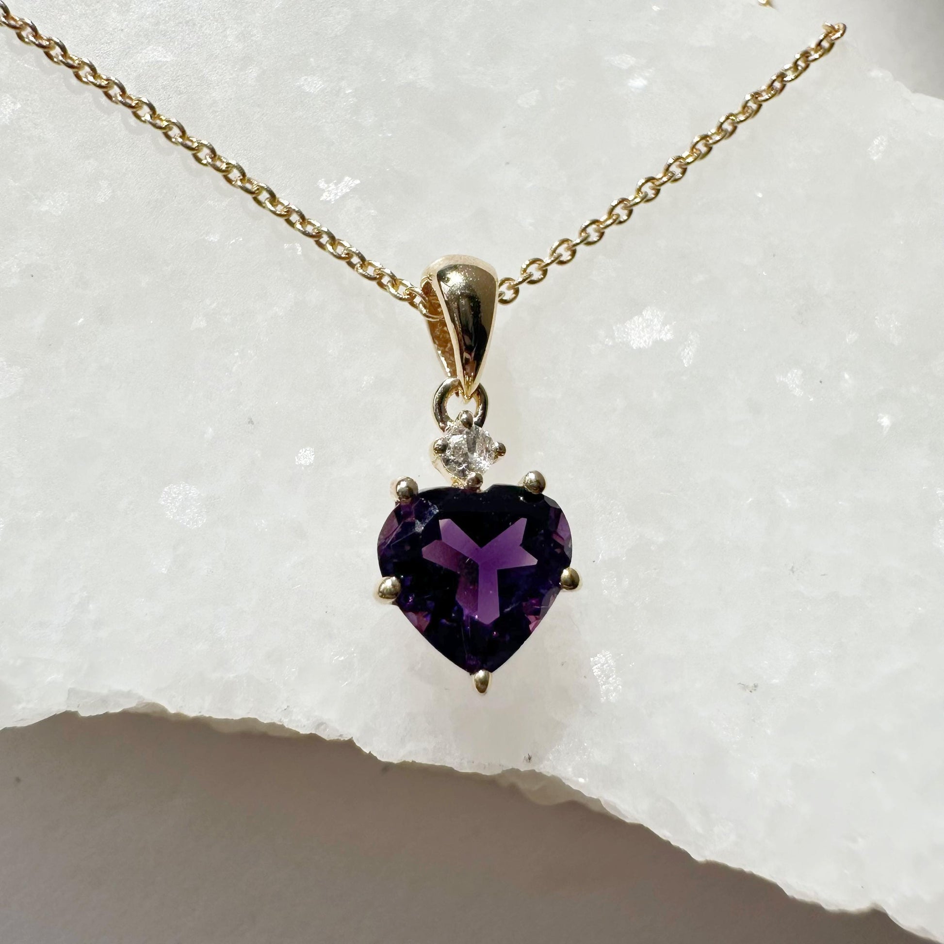 14K Solid Gold Heart Shaped Genuine 5 Prong Amethyst and Diamond Pendant