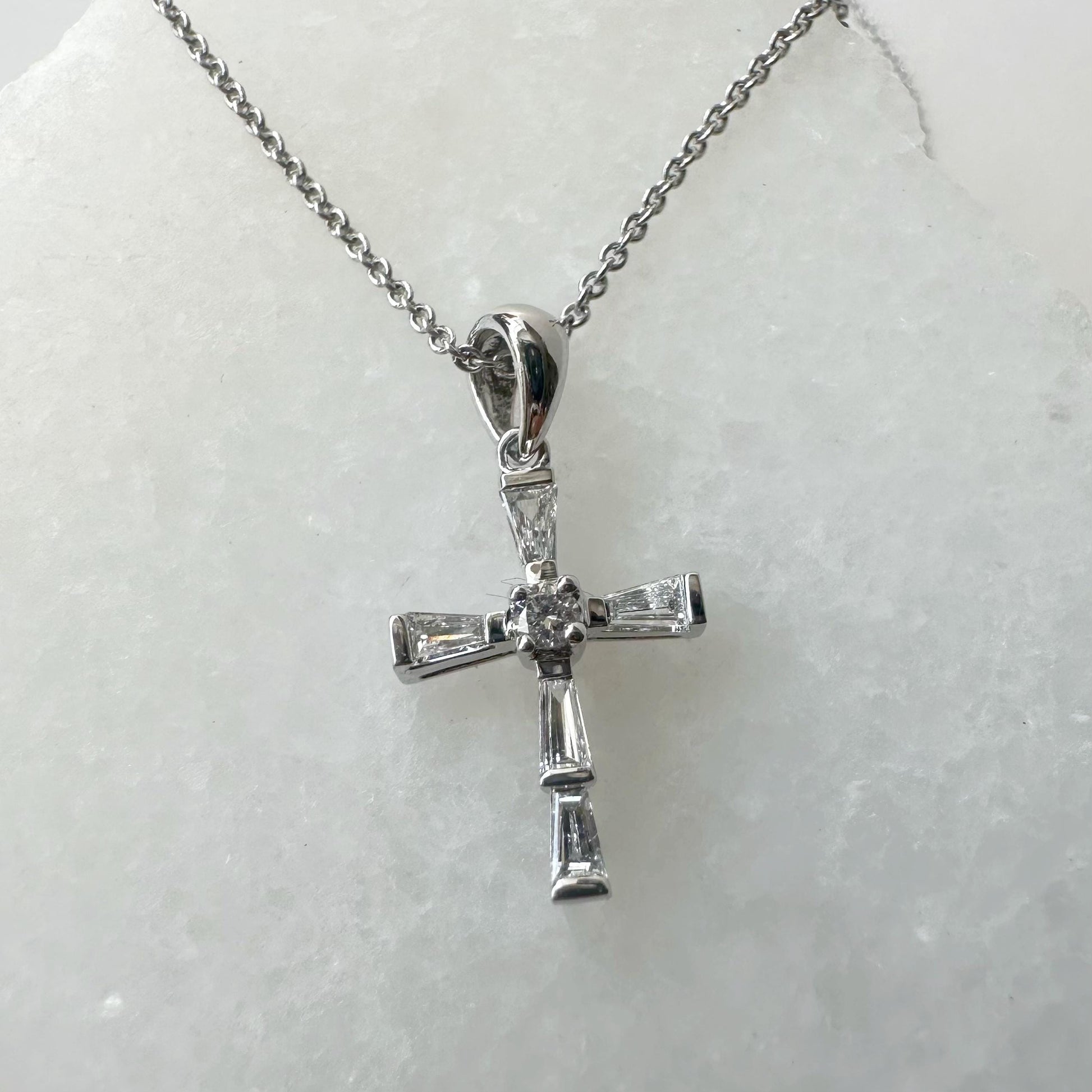 14K Solid White Gold Genuine Baguette Diamond Cross Pendant