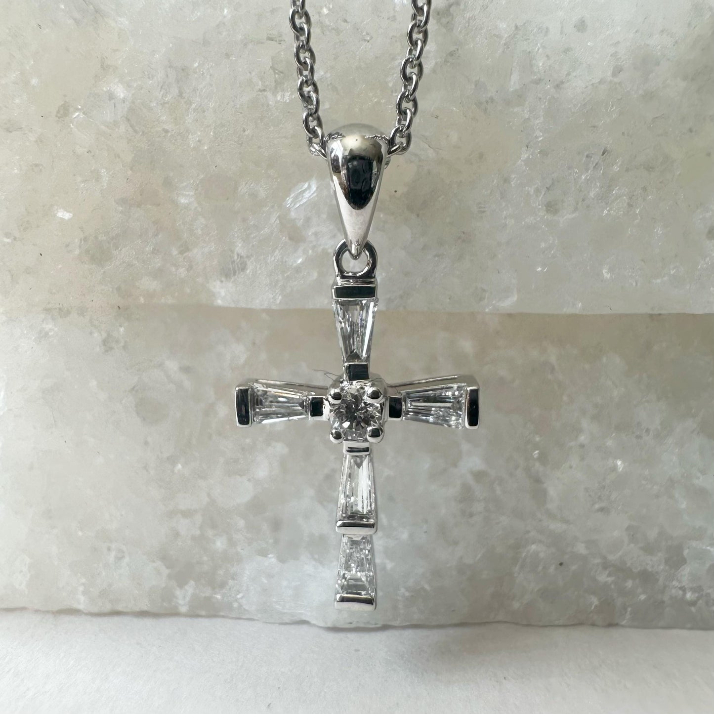 14K Solid White Gold Genuine Baguette Diamond Cross Pendant