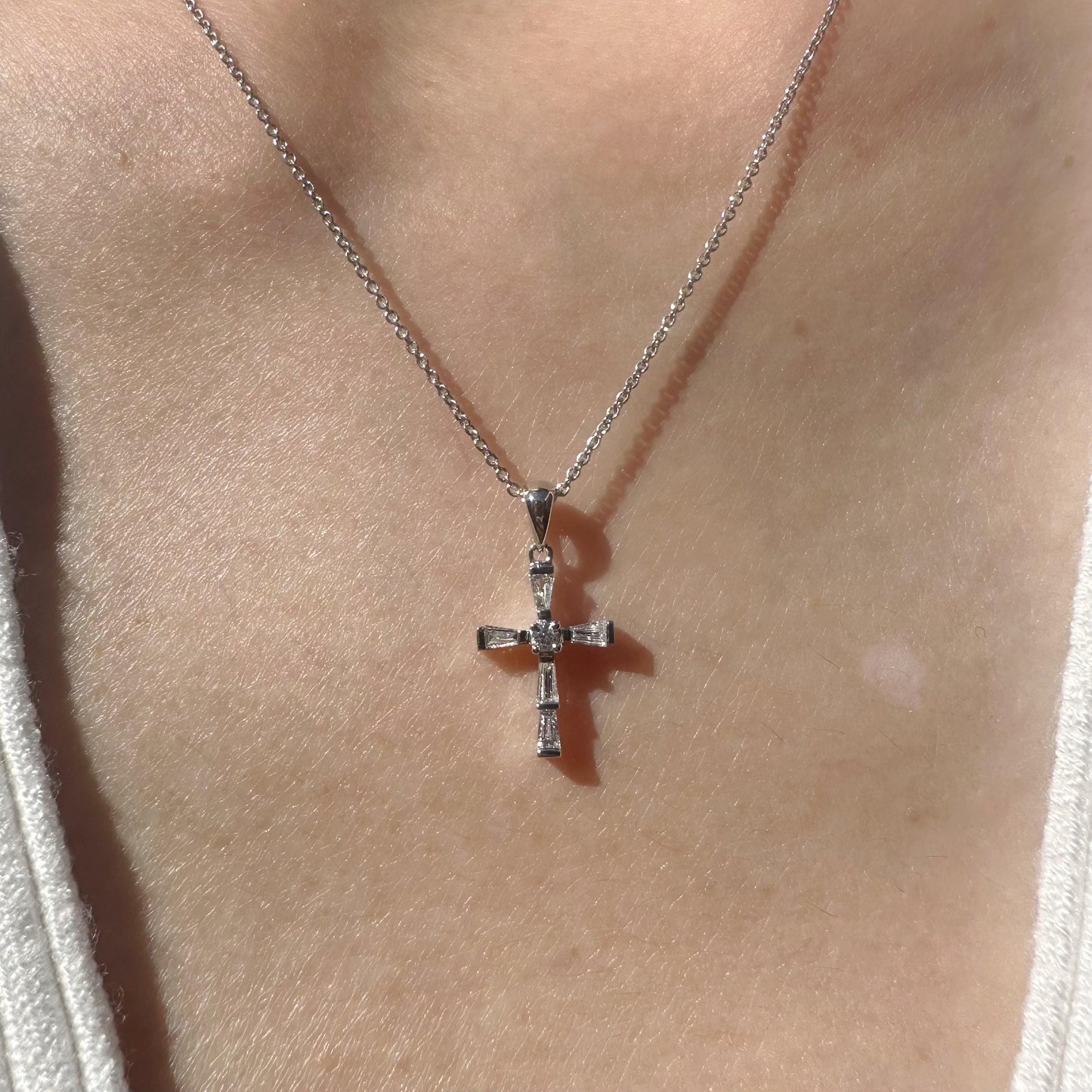 14K Solid White Gold Genuine Baguette Diamond Cross Pendant