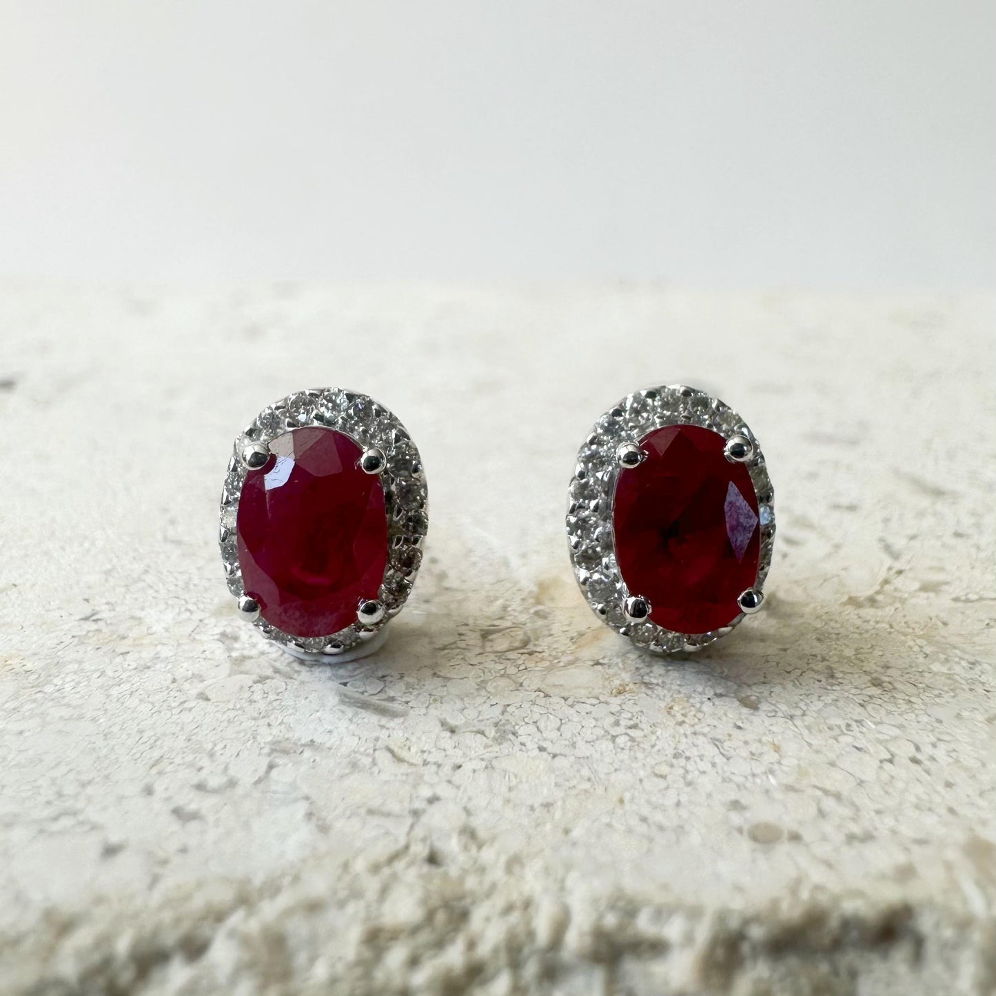 14K Solid White Gold Ruby and Diamond Halo Studs