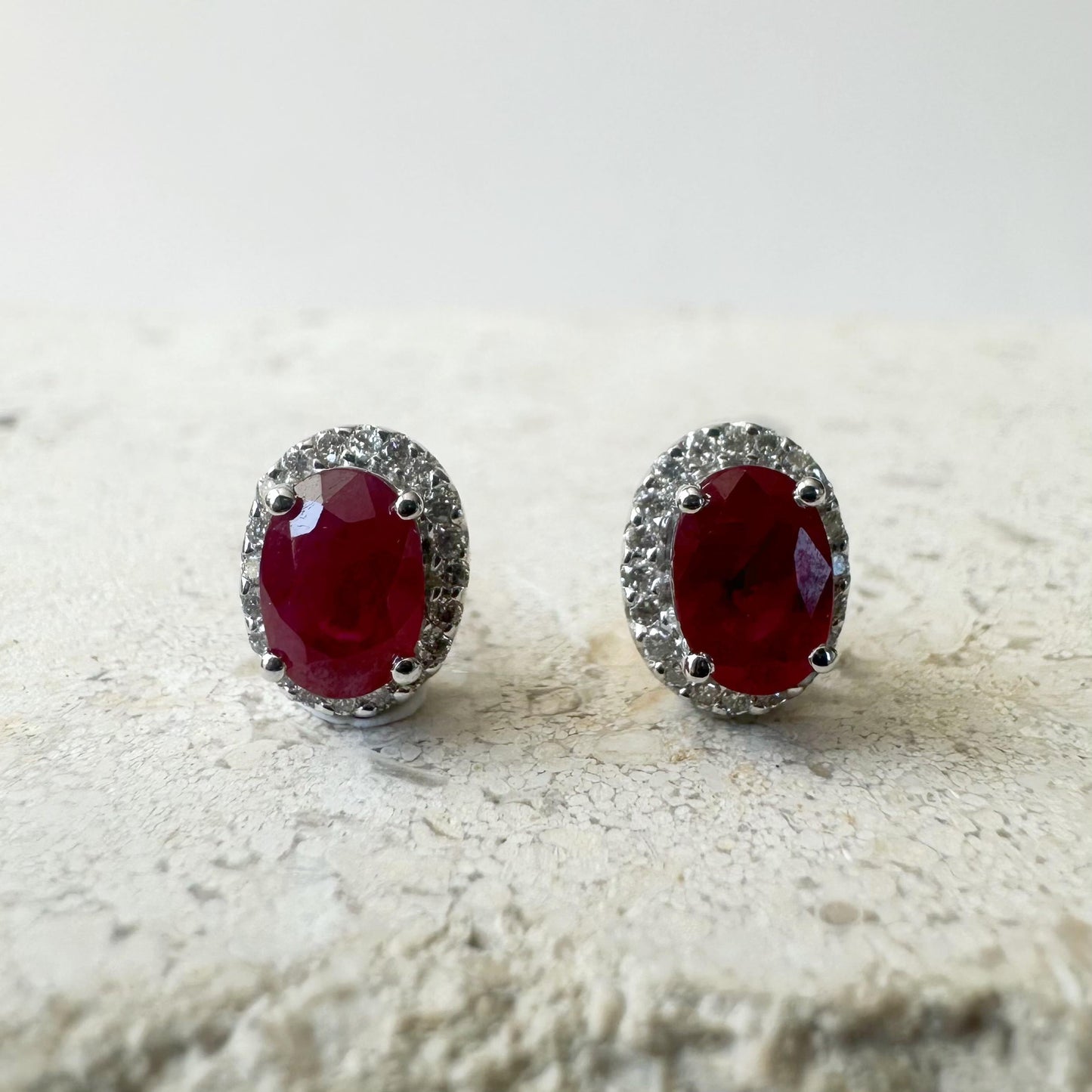 14K Solid White Gold 1.36 Carat Natural Ruby Diamond Halo Stud Earrings | Genuine Earth Mined Ruby | Fine Jewelry | July Birthstone Gift