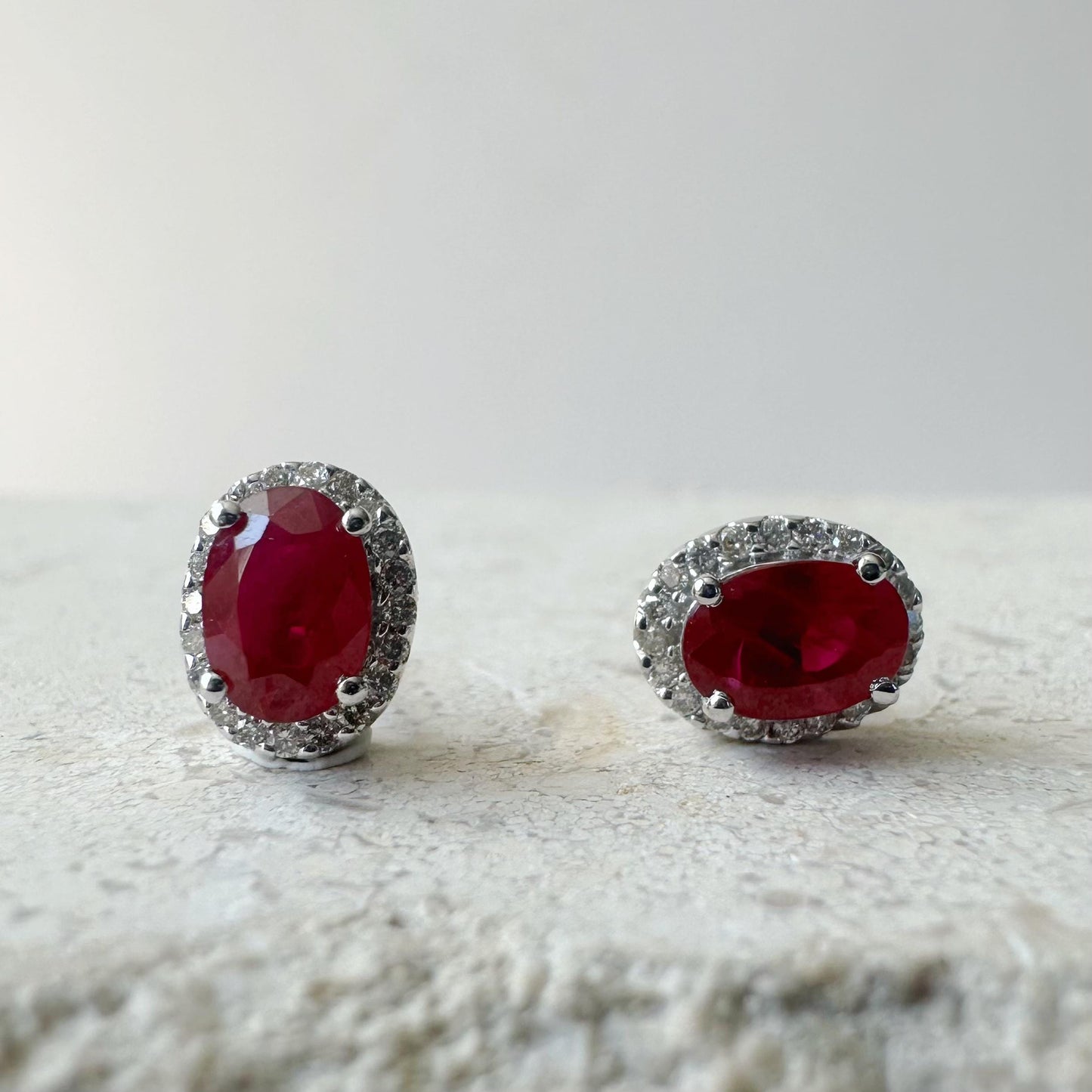 14K Solid White Gold Ruby and Diamond Halo Studs