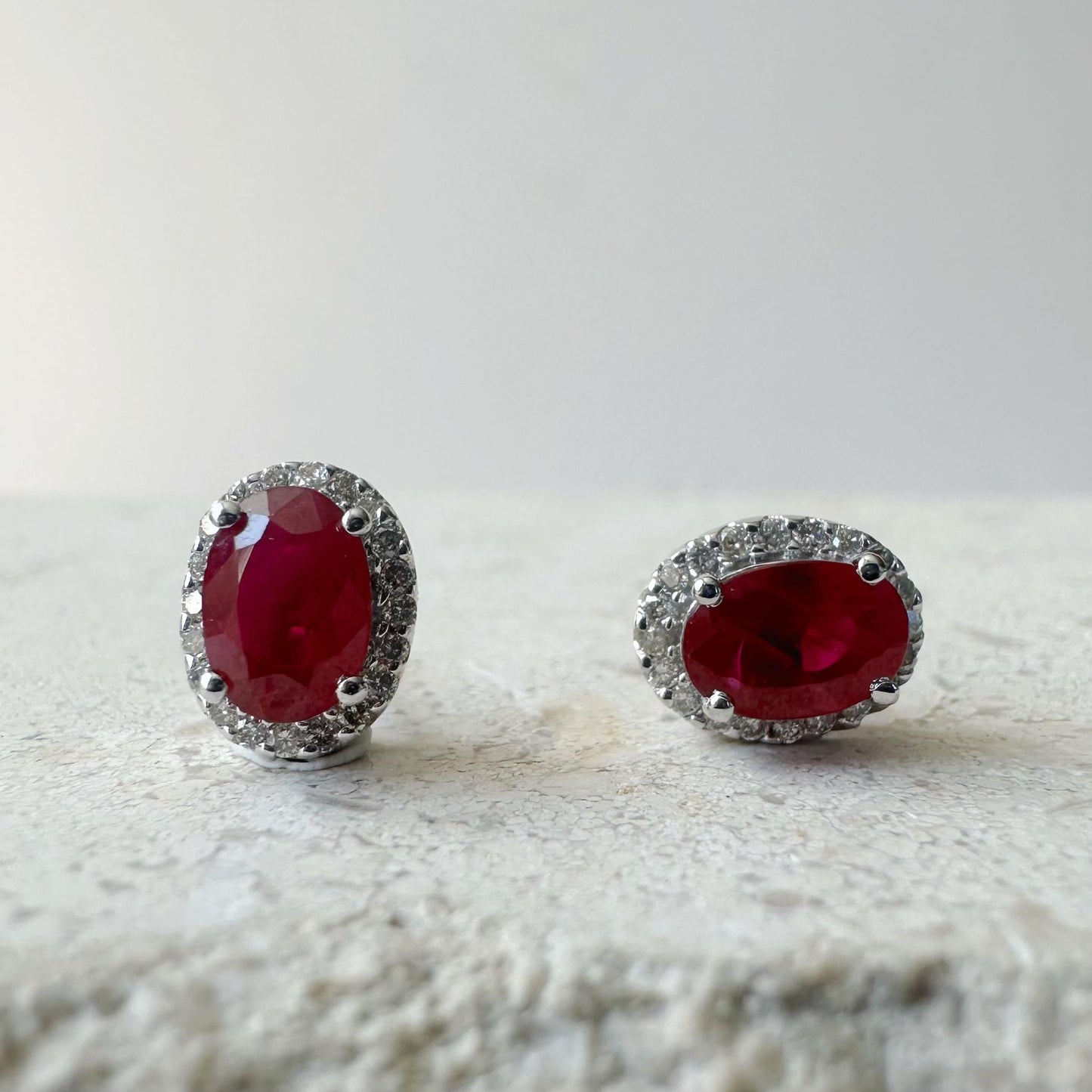 14K Solid White Gold 1.36 Carat Natural Ruby Diamond Halo Stud Earrings | Genuine Earth Mined Ruby | Fine Jewelry | July Birthstone Gift