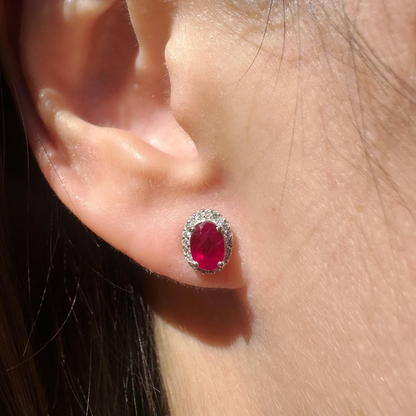 14K Solid White Gold Ruby and Diamond Halo Studs