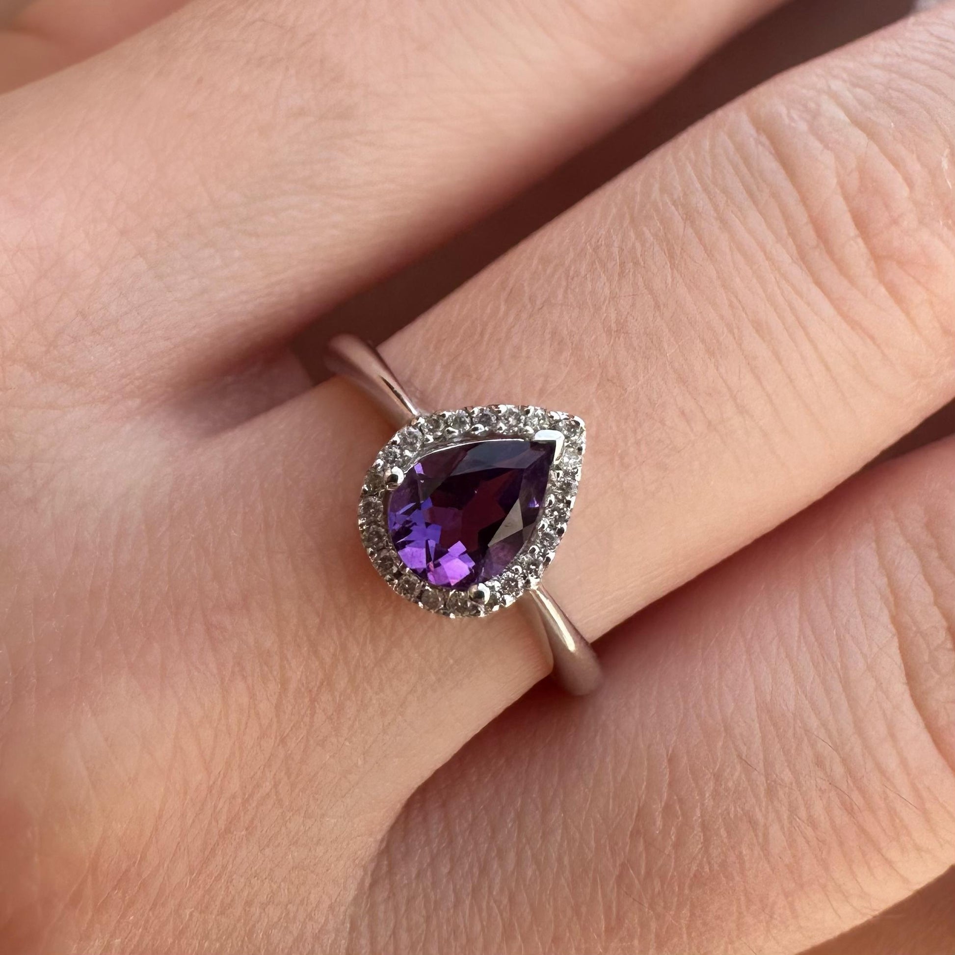 14K Solid White Gold Genuine Teardrop Amethyst and Diamond Ring