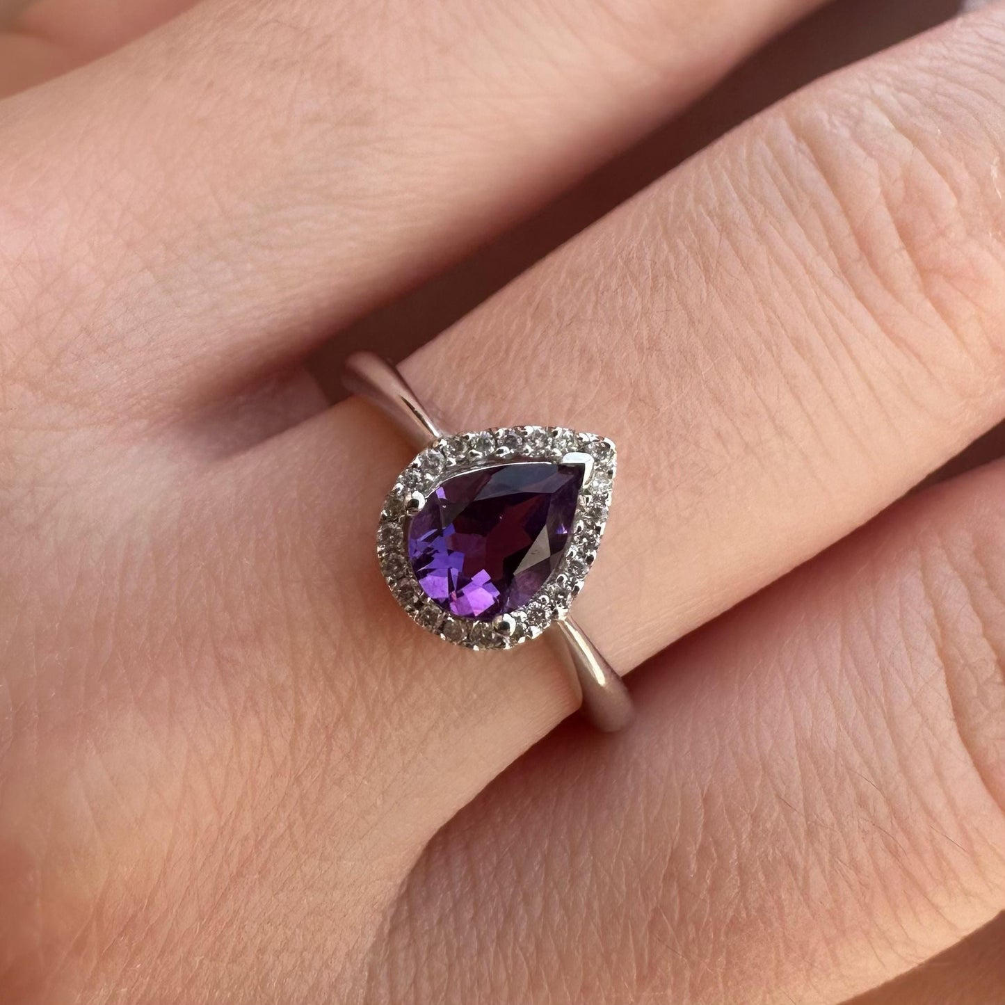 Amethyst Diamond Ring, 14K Solid White Gold Halo Engagement Ring, Genuine Pear Amethyst Ring, February Birthstone Gift for Her