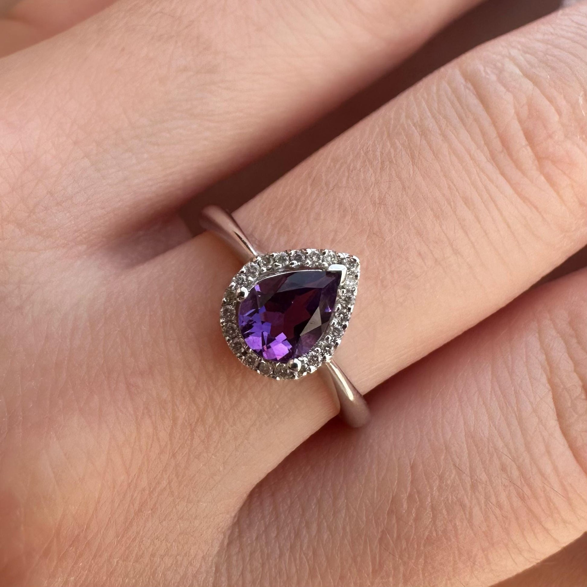 Amethyst Diamond Ring, 14K Solid White Gold Halo Engagement Ring, Genuine Pear Amethyst Ring, February Birthstone Gift for Her
