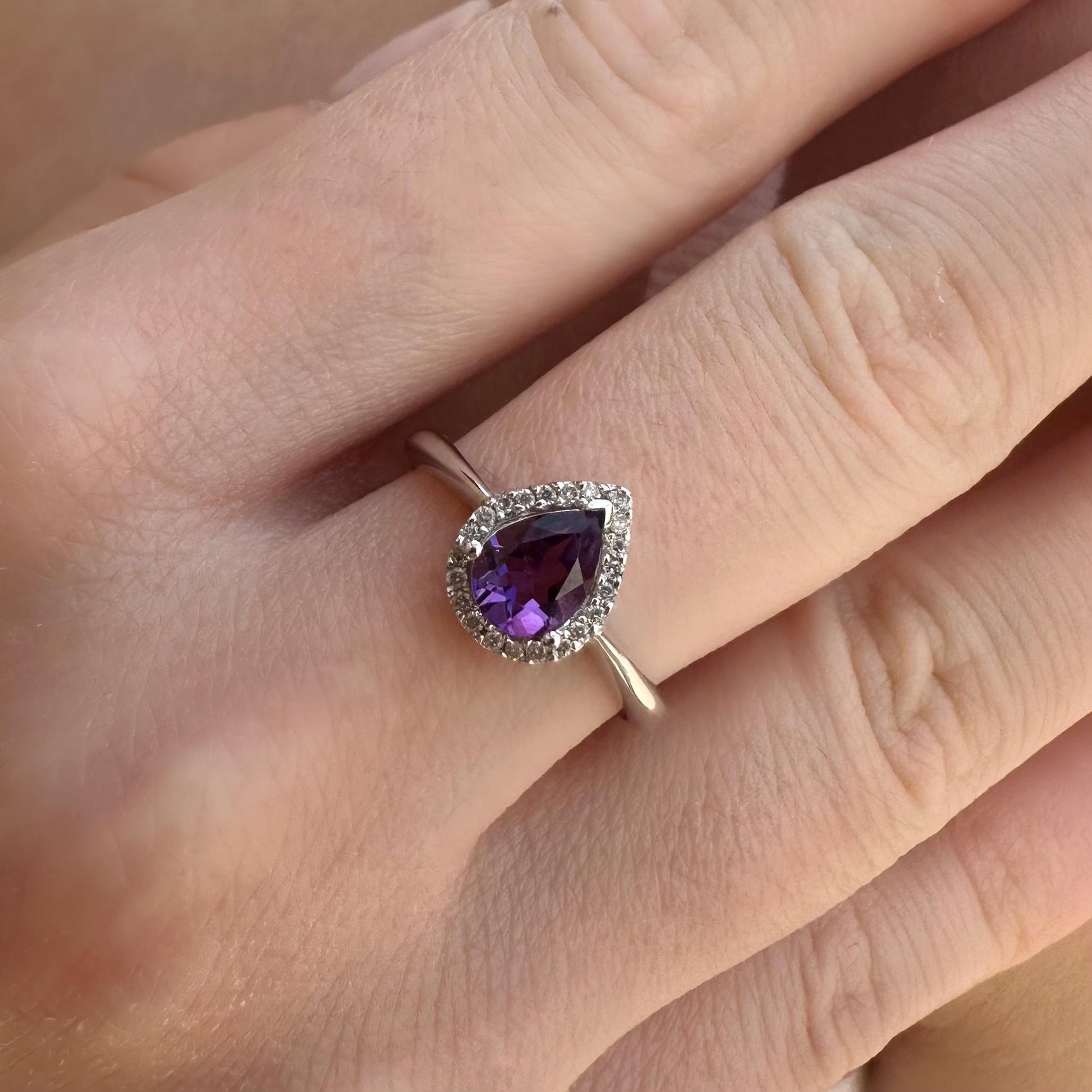 14K Solid White Gold Genuine Teardrop Amethyst and Diamond Ring