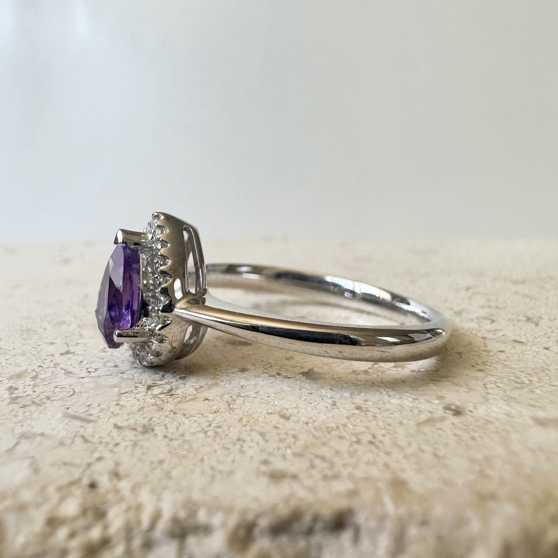 14K Solid White Gold Genuine Teardrop Amethyst and Diamond Ring