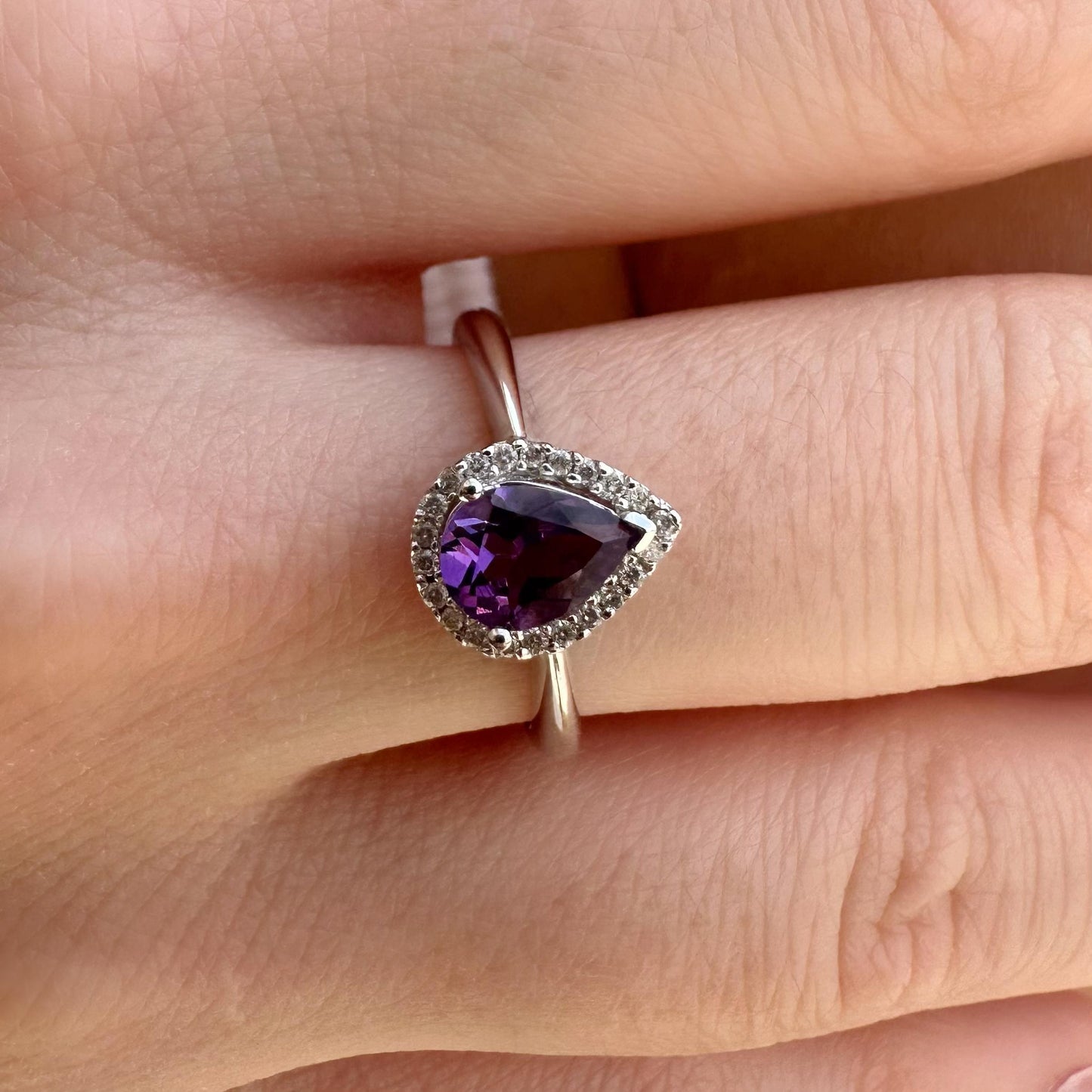 14K Solid White Gold Genuine Teardrop Amethyst and Diamond Ring