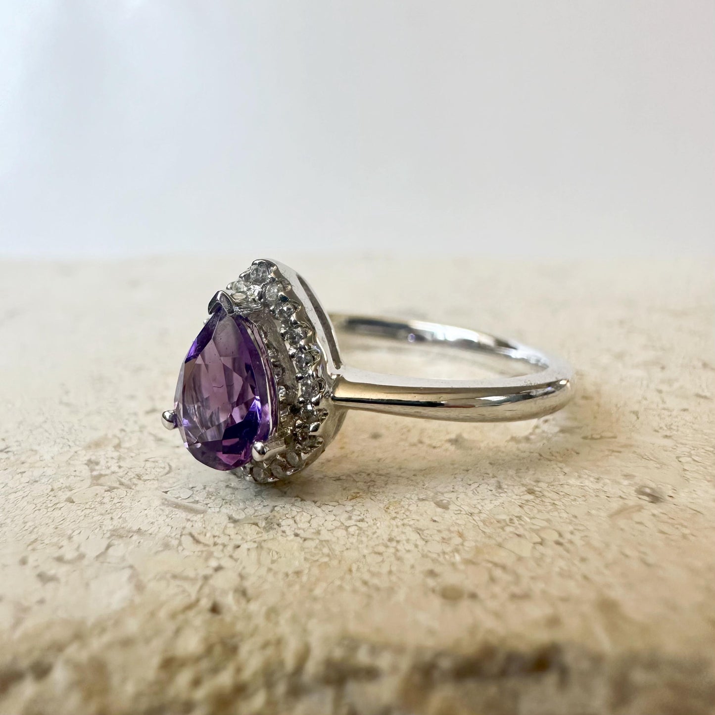 14K Solid White Gold Genuine Teardrop Amethyst and Diamond Ring