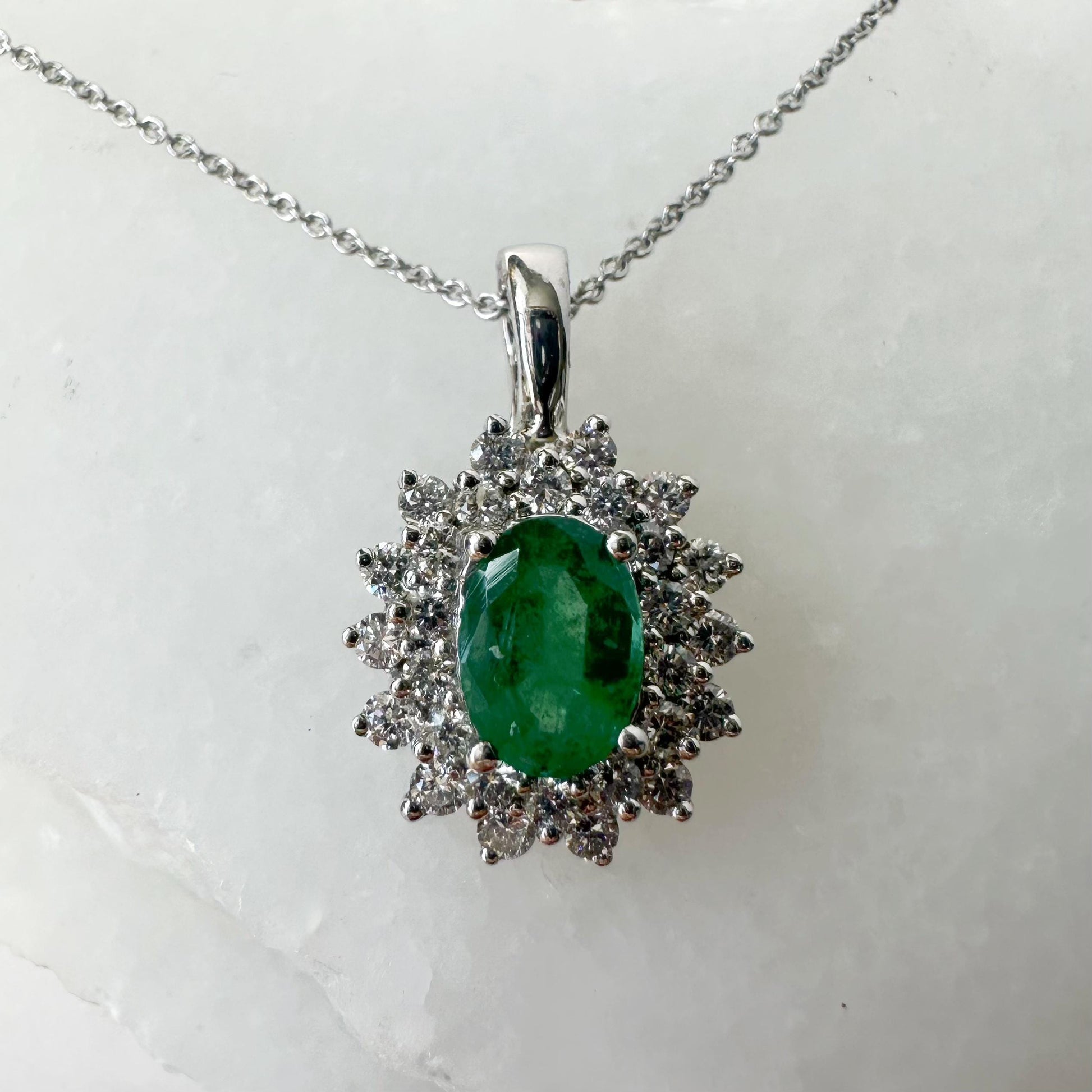 14K Solid White Gold Genuine Emerald and Diamond Halo Pendant