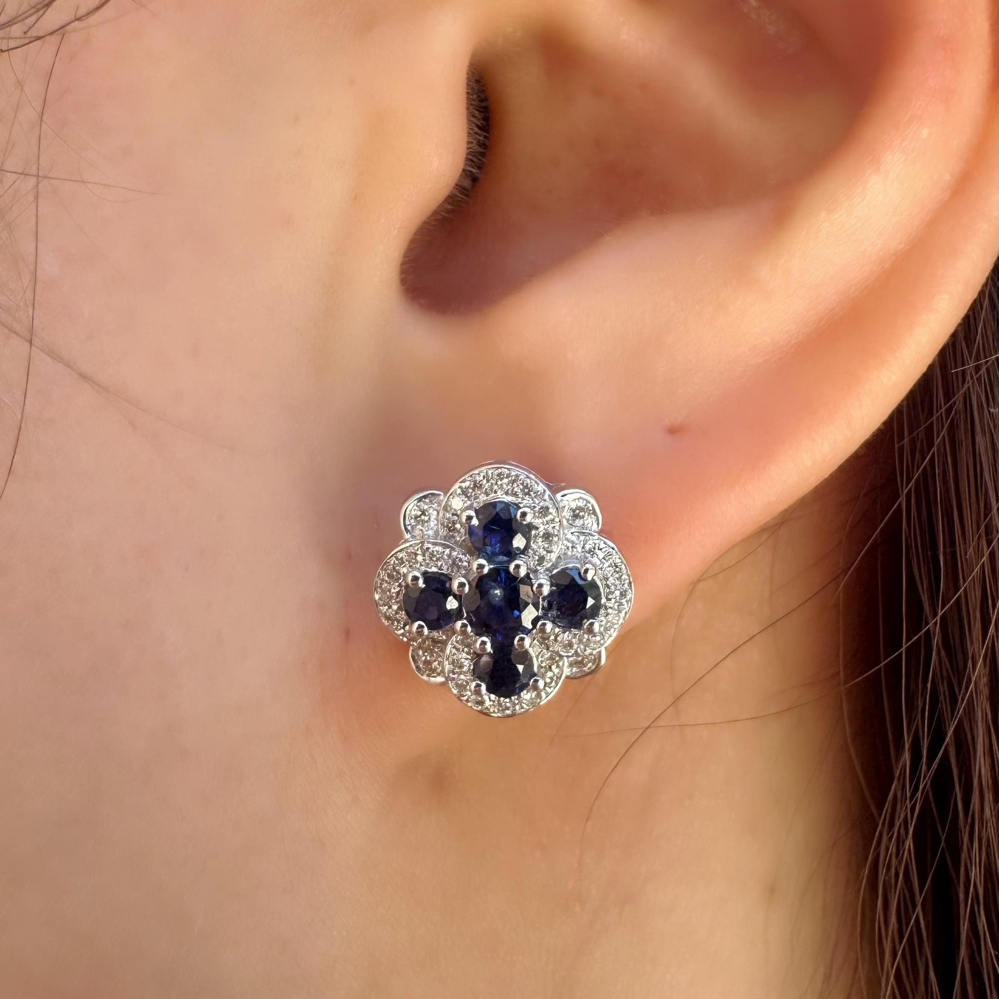 14K Solid White Gold Sapphire and Diamond Earrings