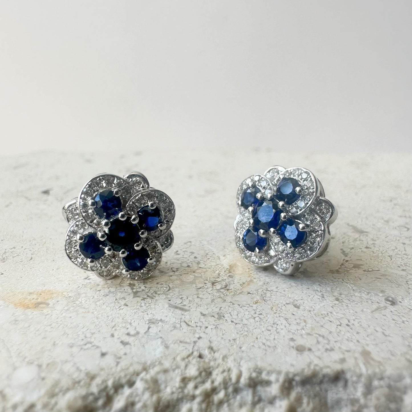 14K Solid White Gold Sapphire and Diamond Earrings