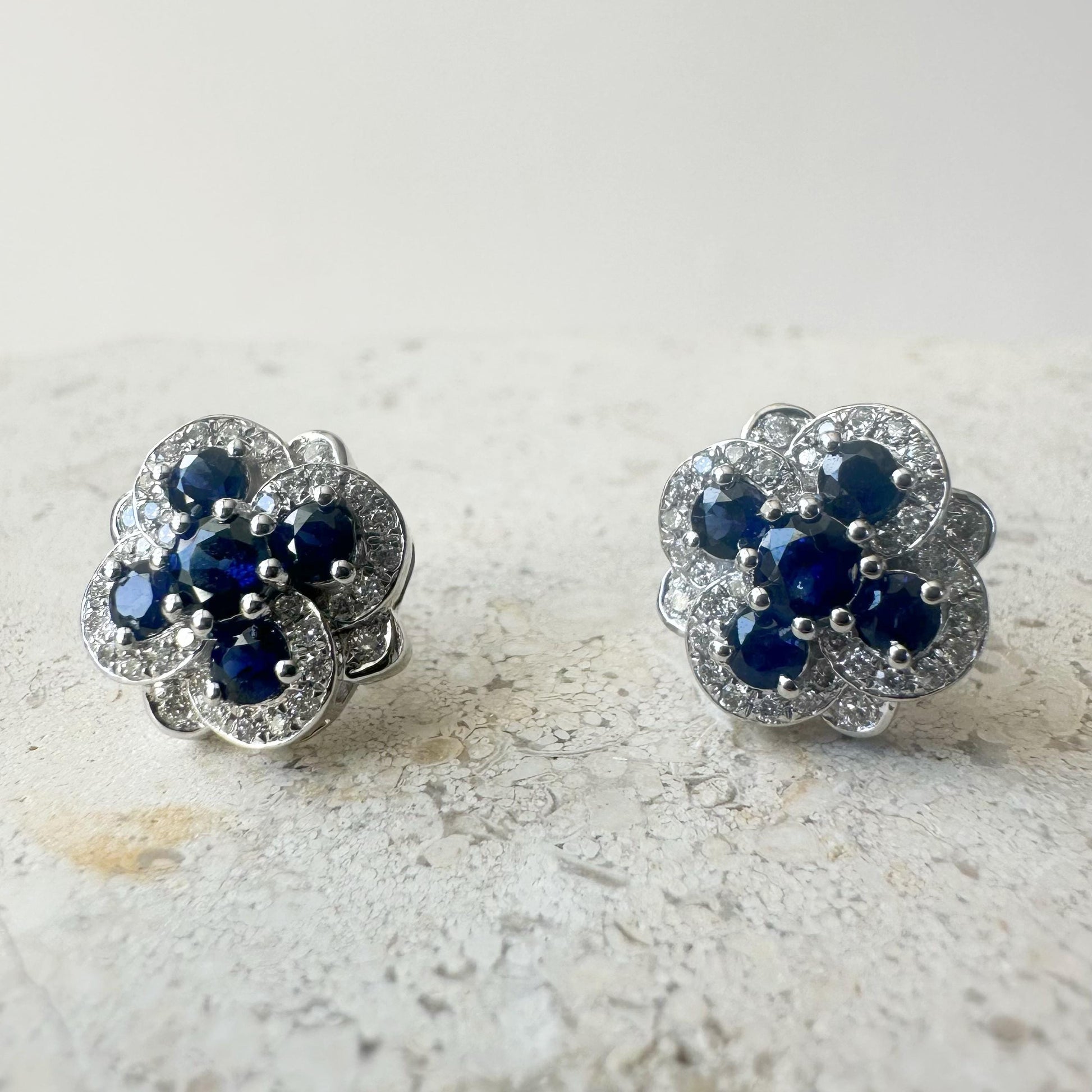 14K Solid White Gold Sapphire and Diamond Earrings