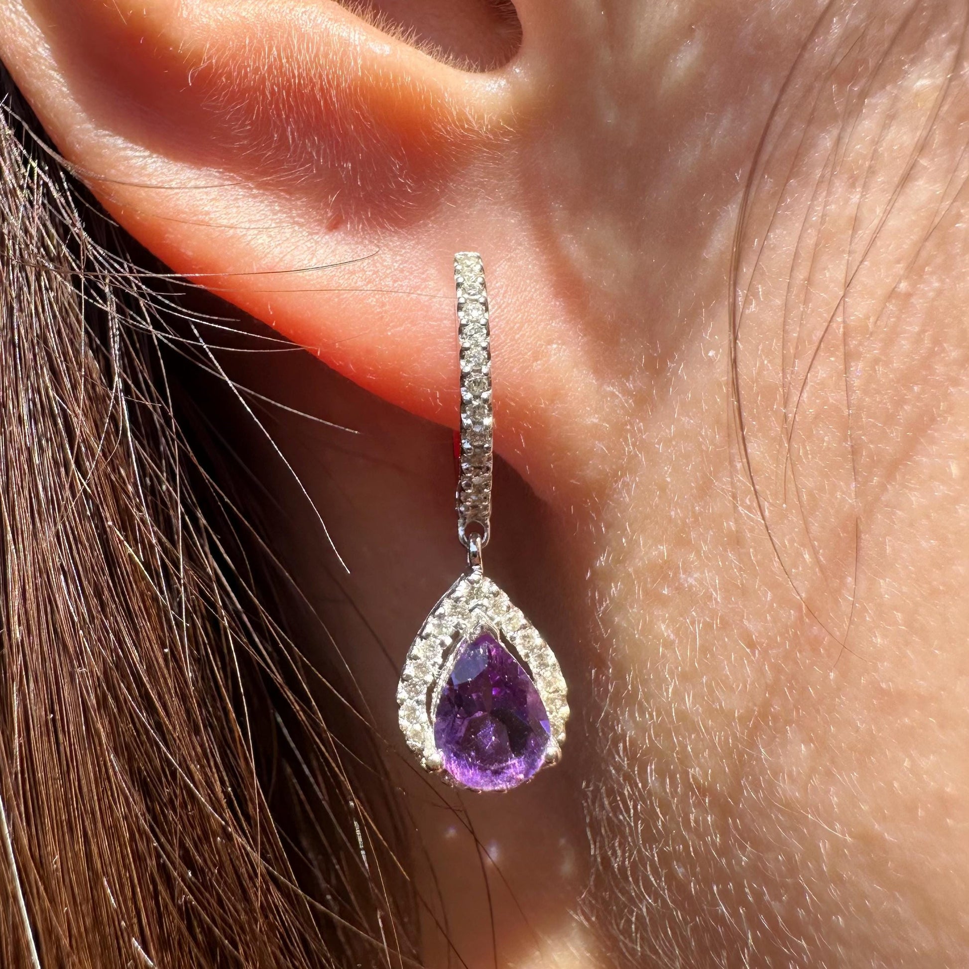 14K Solid White Gold Genuine Diamond and Amethyst Teardrop Dangle Earrings/Pair