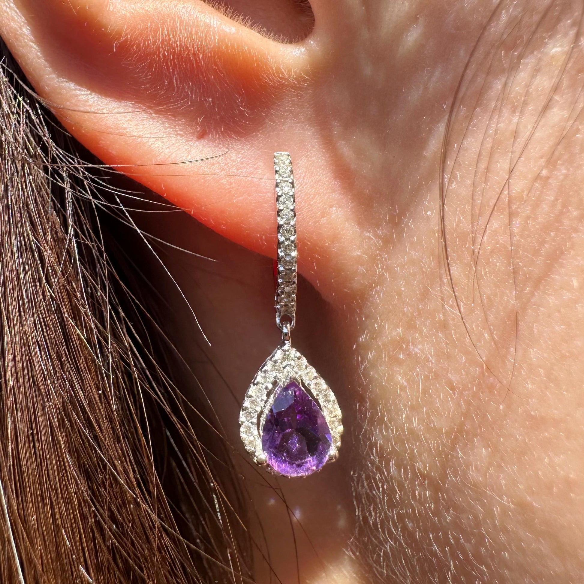 14K White Gold 1.30 Carat Natural Teardrop Amethyst Earrings | Diamond Halo Drop Earrings | Genuine Amethyst Dangle Earrings