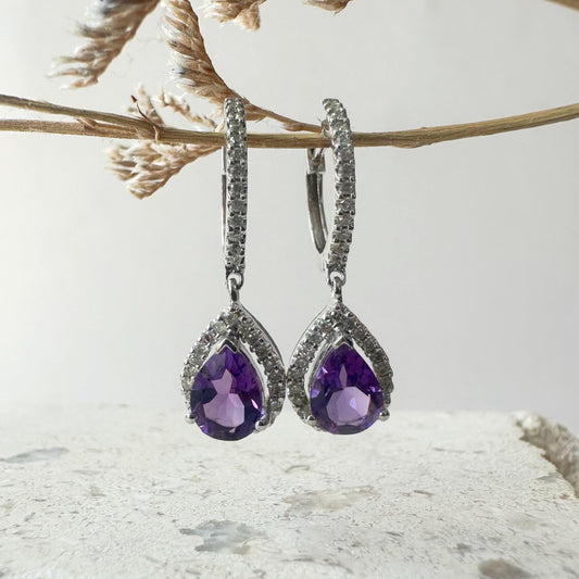 14K Solid White Gold Genuine Diamond and Amethyst Teardrop Dangle Earrings/Pair