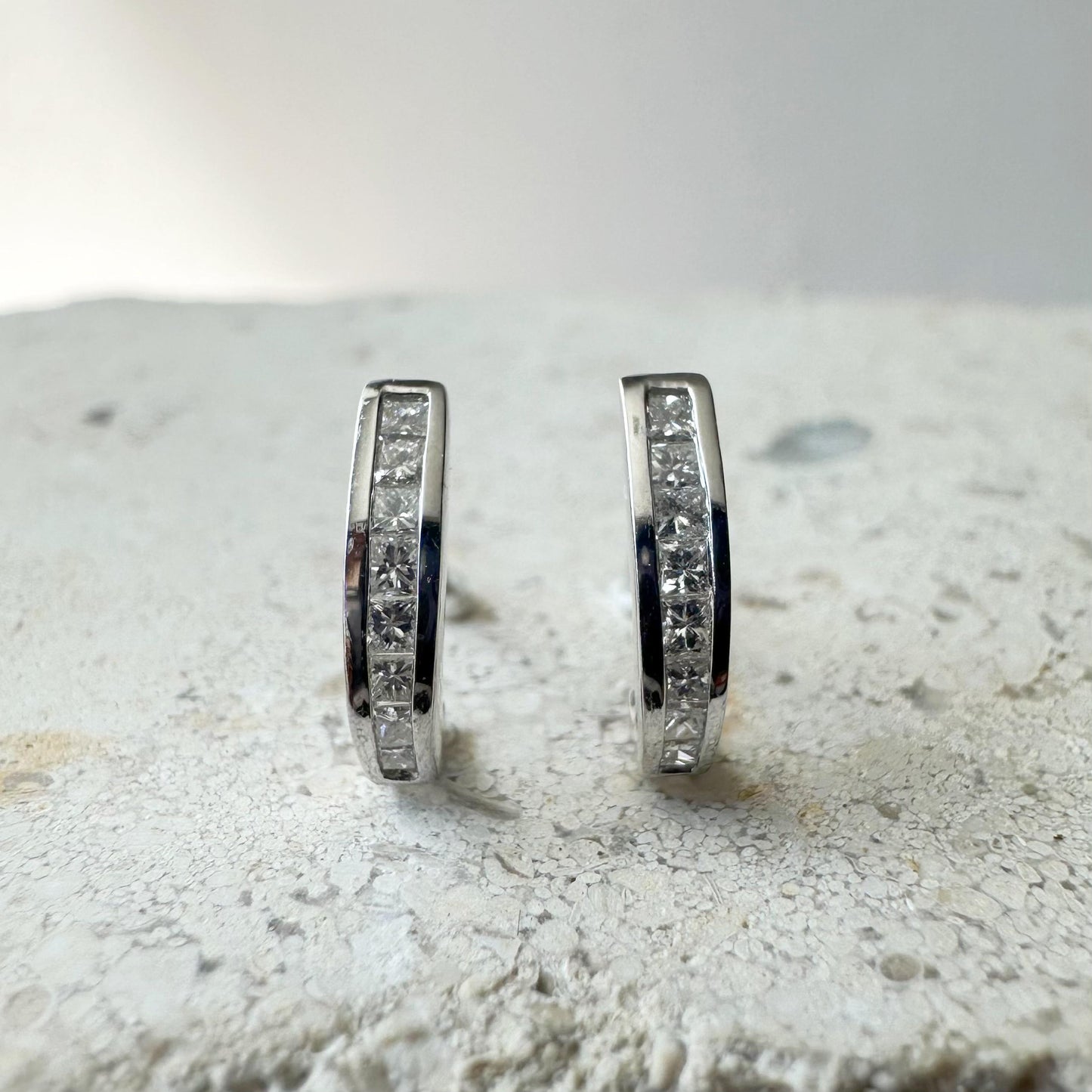 14K Solid White Gold Diamond Huggie Earrings/Pair