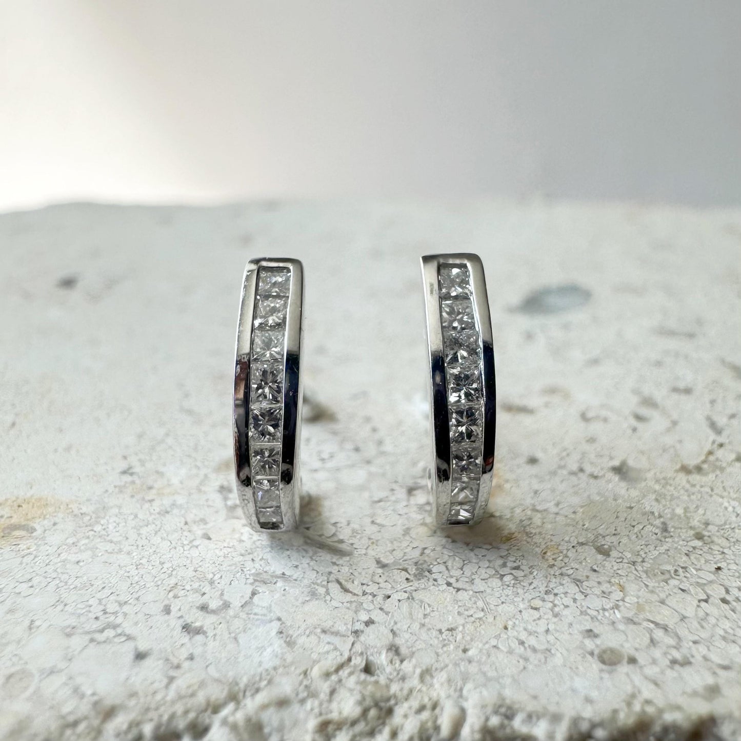 14K Solid White Gold Diamond Hoop Stud Earrings | Natural Diamond Half Hoop Earrings | Dainty Everyday Diamond Earrings | Gift for Her