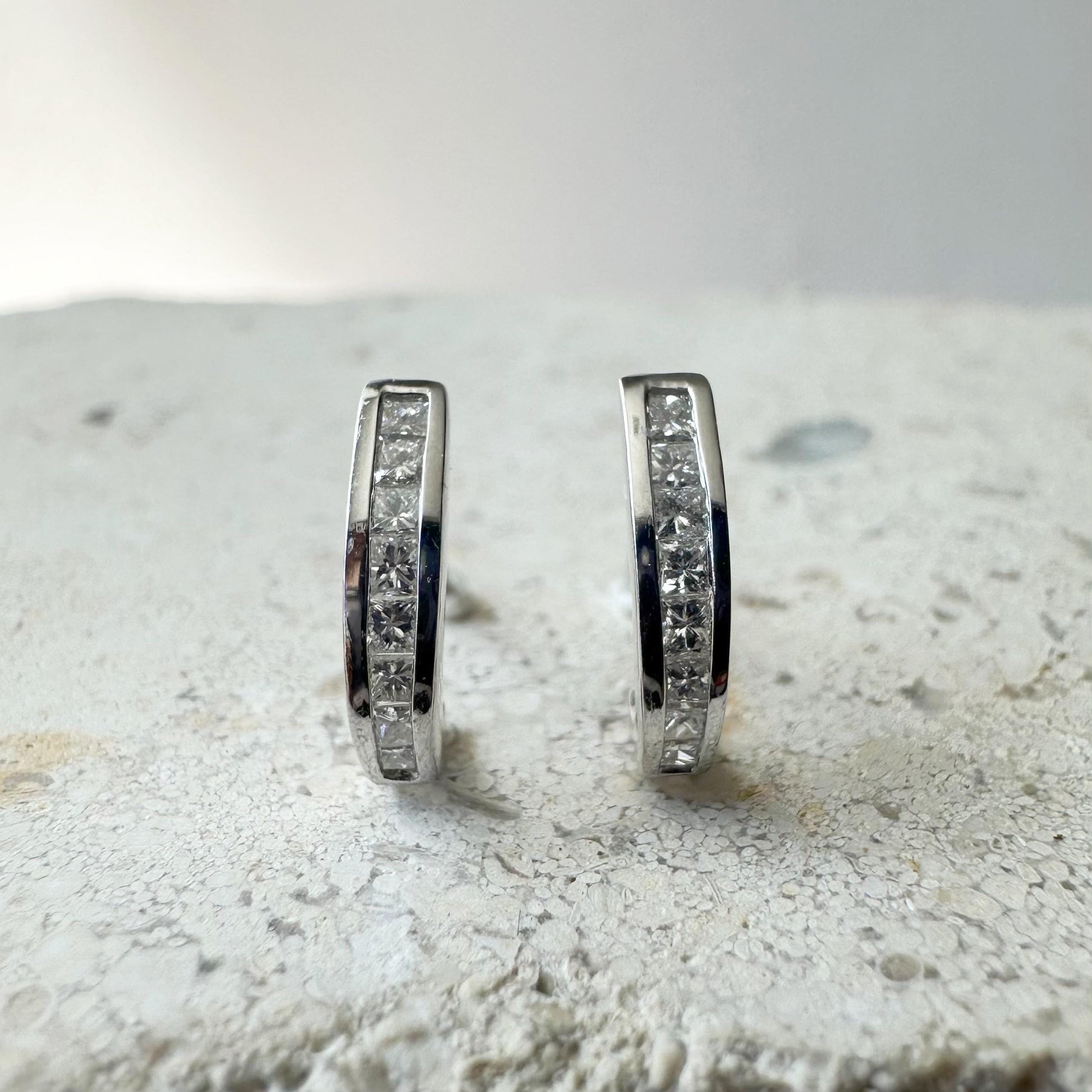 14K Solid White Gold Diamond Hoop Stud Earrings | Natural Diamond Half Hoop Earrings | Dainty Everyday Diamond Earrings | Gift for Her