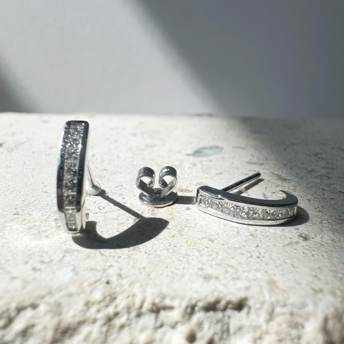 14K Solid White Gold Diamond Hoop Stud Earrings | Natural Diamond Half Hoop Earrings | Dainty Everyday Diamond Earrings | Gift for Her