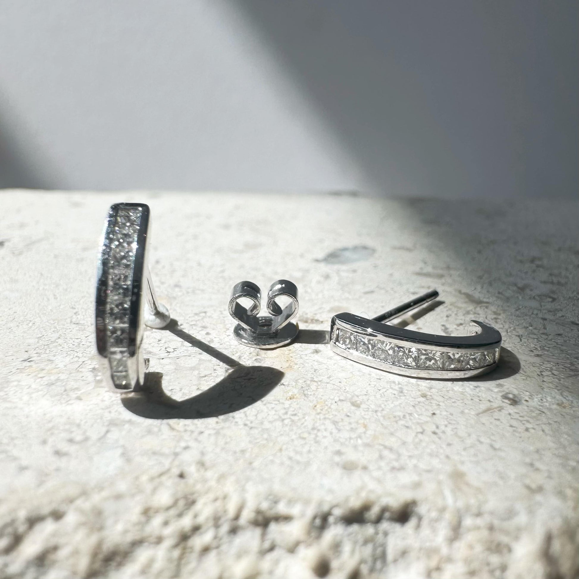 14K Solid White Gold Diamond Hoop Stud Earrings | Natural Diamond Half Hoop Earrings | Dainty Everyday Diamond Earrings | Gift for Her